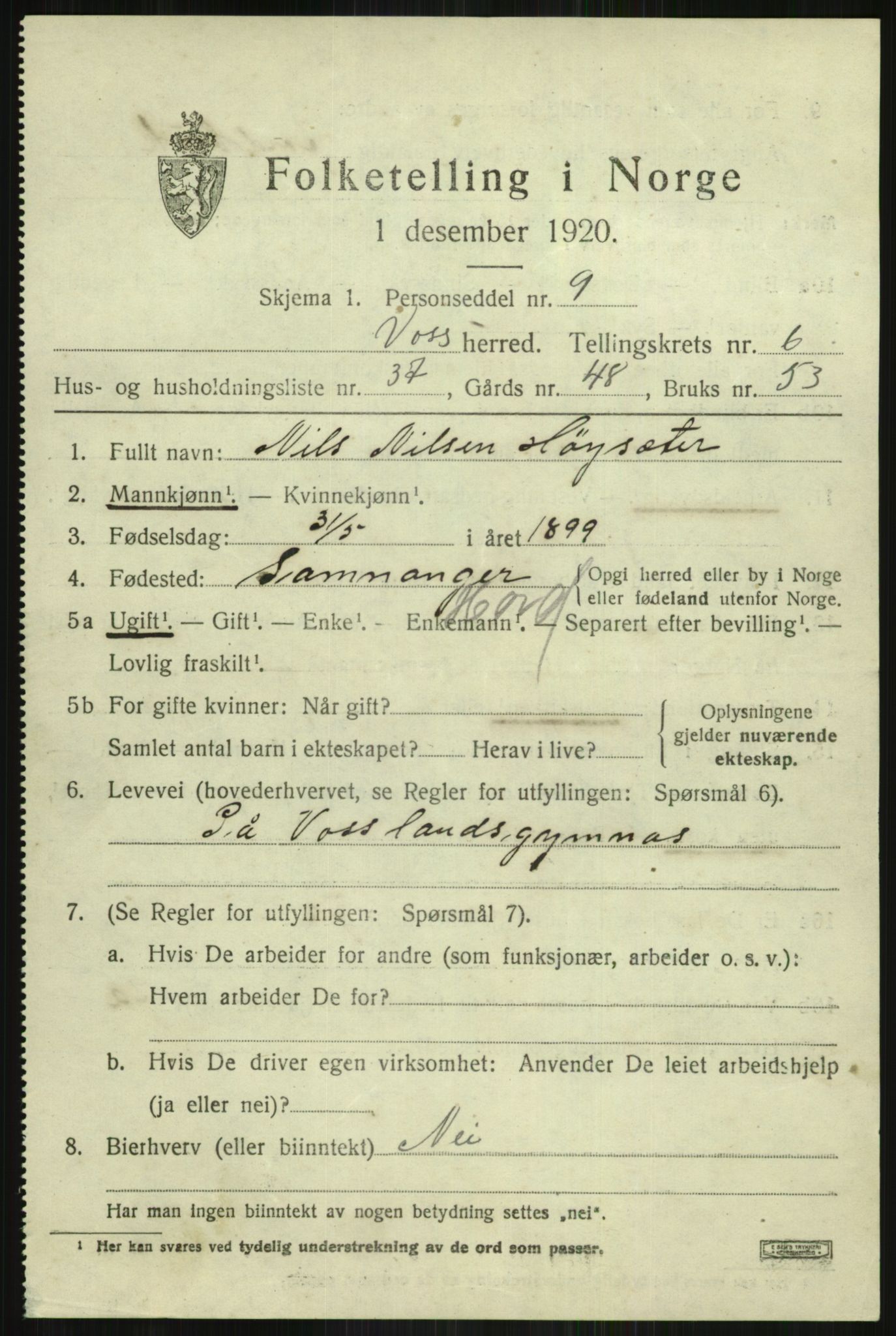 SAB, 1920 census for Voss, 1920, p. 6549