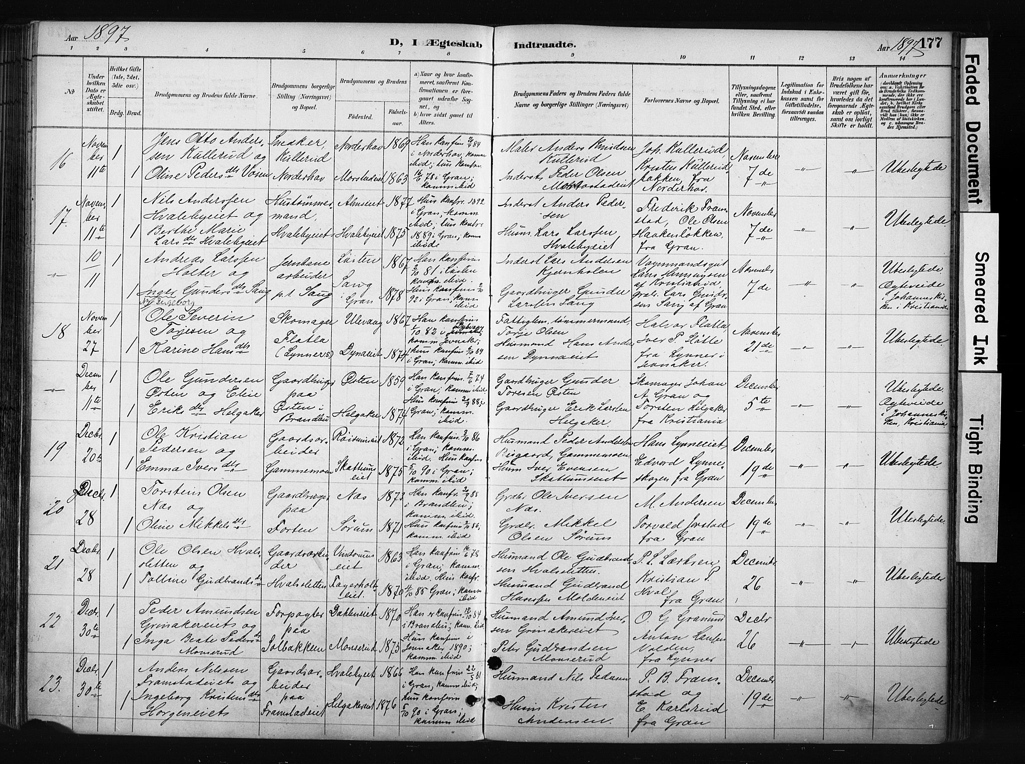 Gran prestekontor, AV/SAH-PREST-112/H/Ha/Haa/L0017: Parish register (official) no. 17, 1889-1897, p. 177