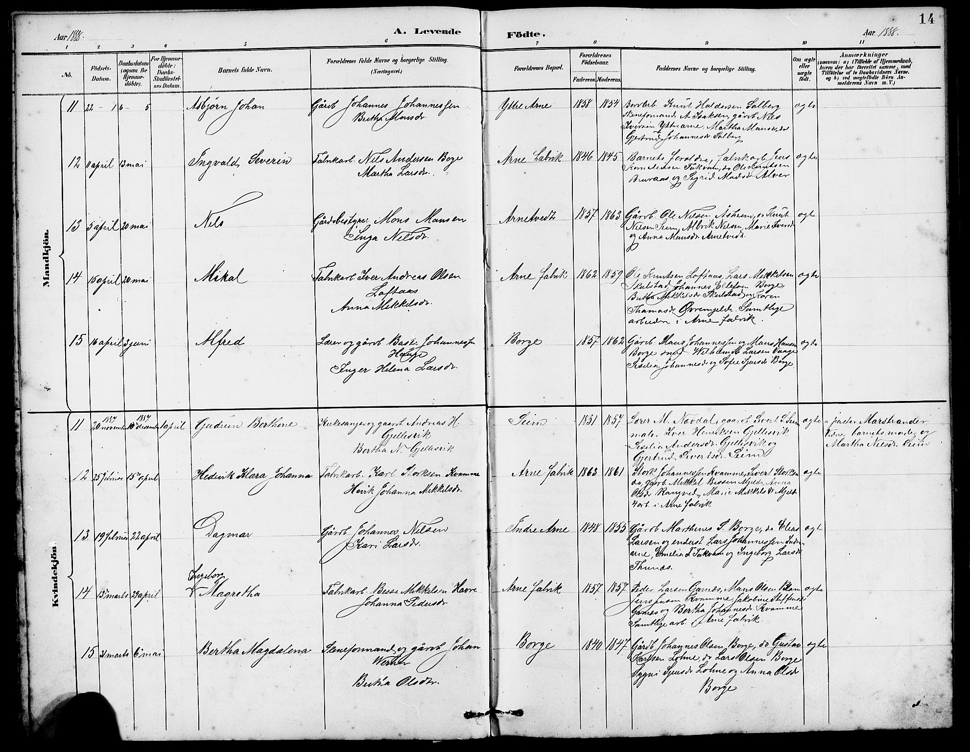 Arna Sokneprestembete, SAB/A-74001/H/Ha/Hab: Parish register (copy) no. A 3, 1887-1897, p. 14