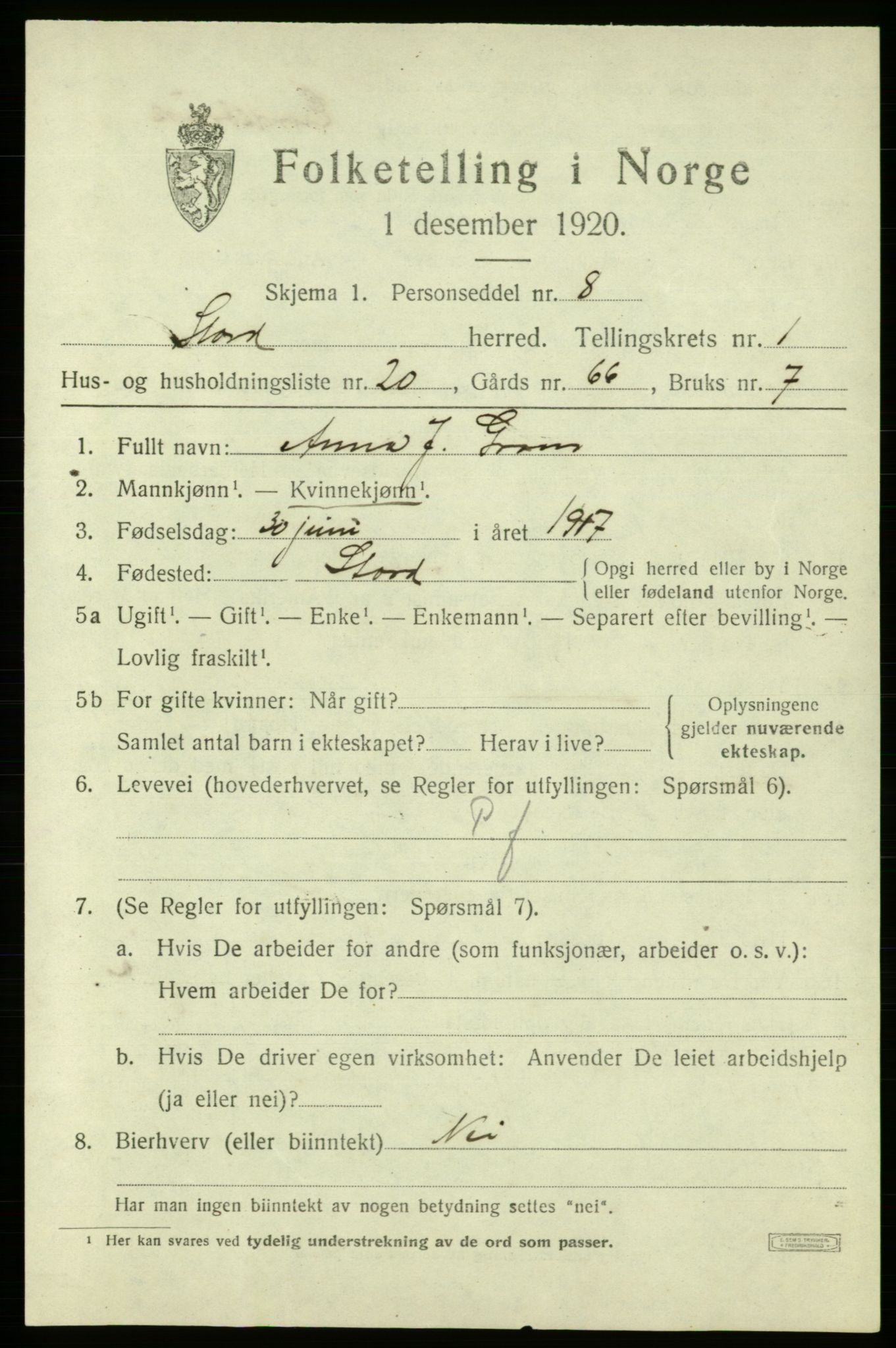 SAB, 1920 census for Stord, 1920, p. 1479