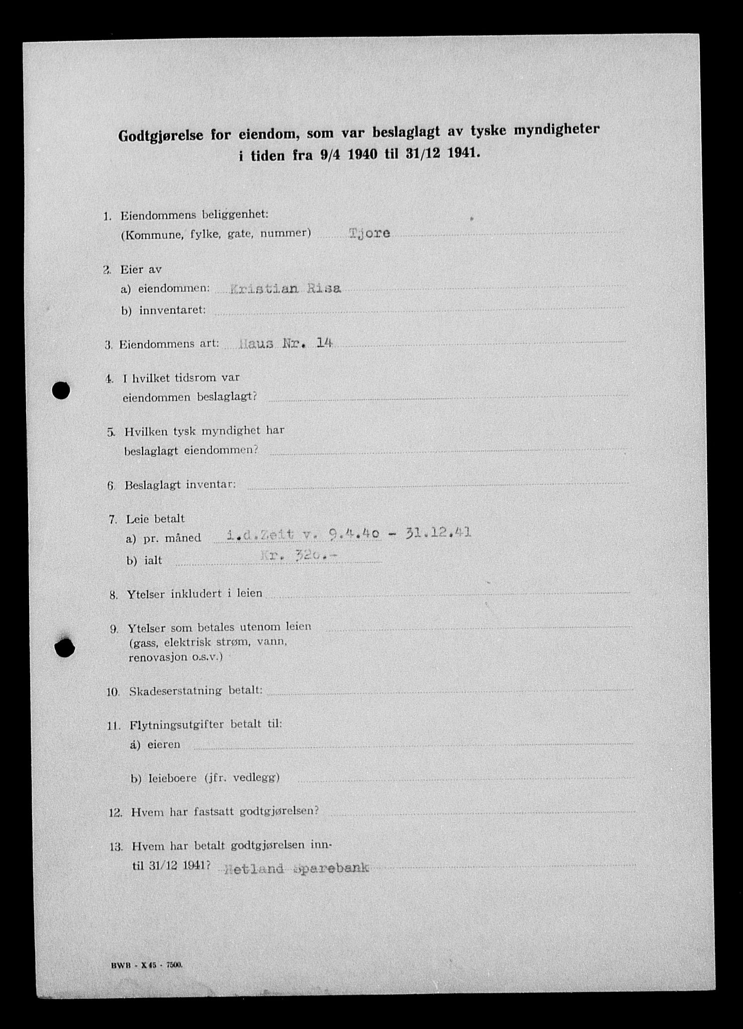 Justisdepartementet, Tilbakeføringskontoret for inndratte formuer, AV/RA-S-1564/I/L1015: Godtgjørelse for beslaglagt eiendom, 1940-1941, p. 105