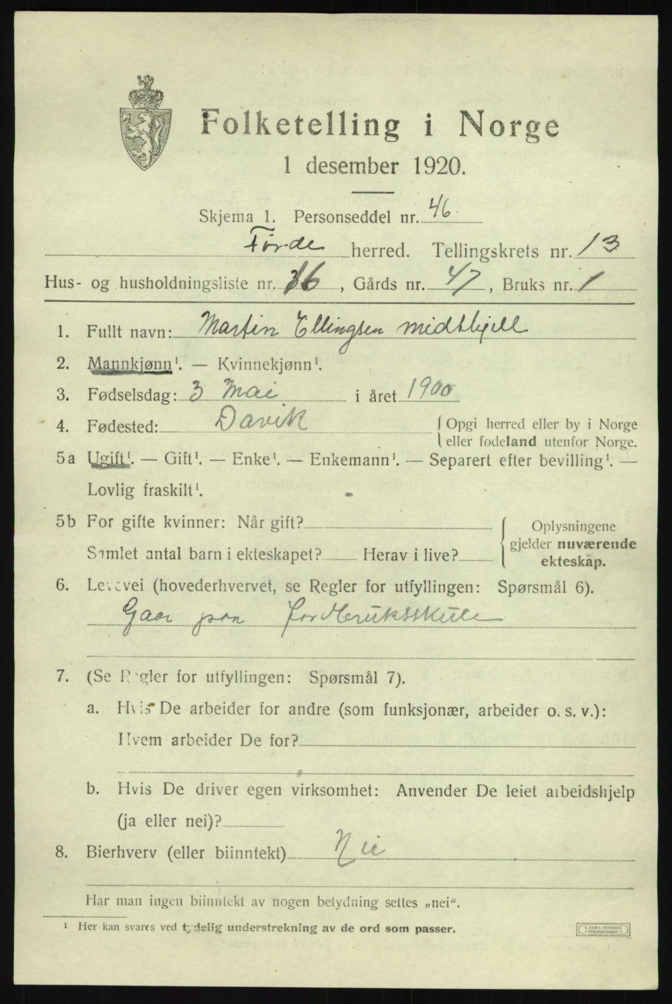 SAB, 1920 census for Førde, 1920, p. 4856