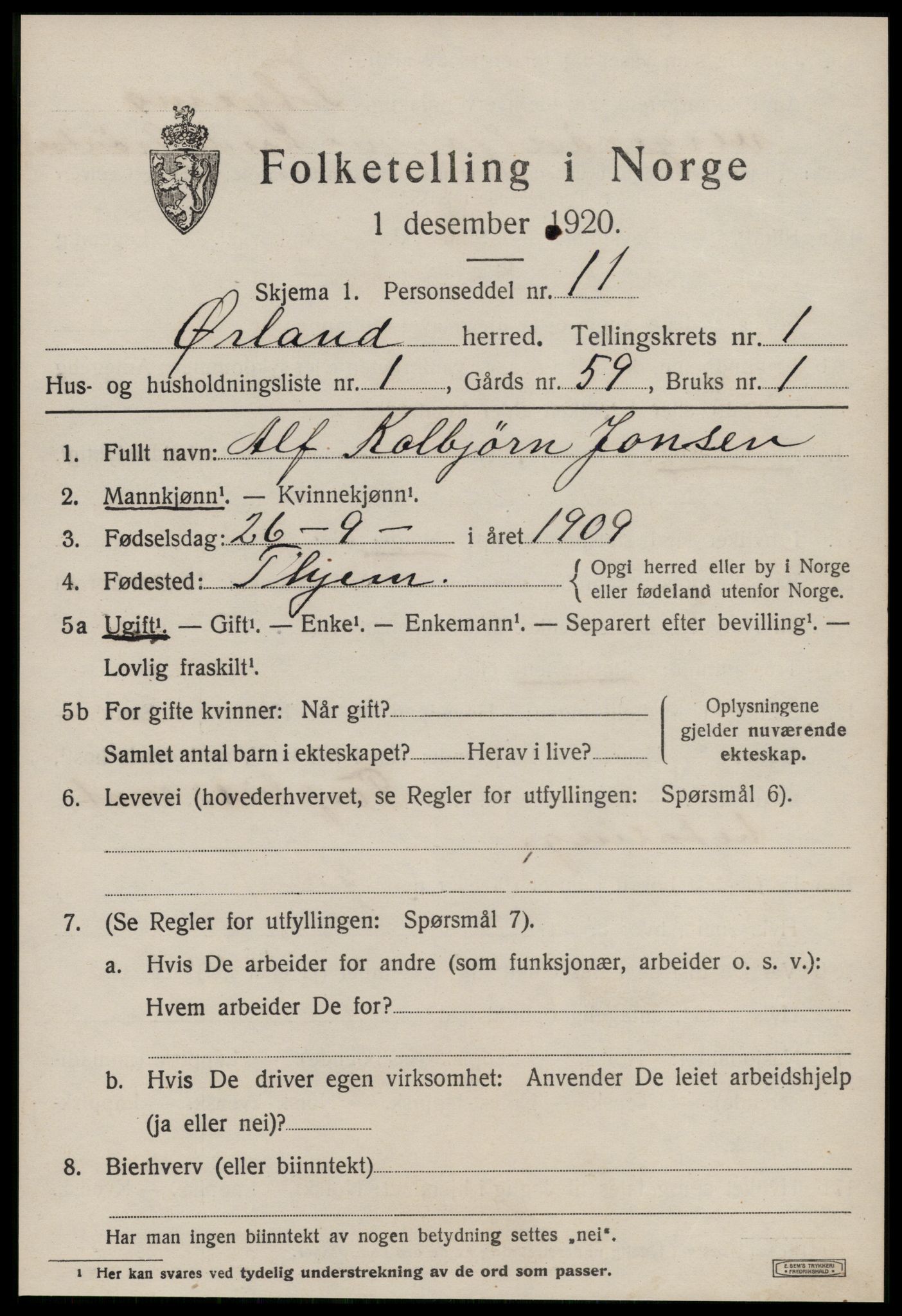 SAT, 1920 census for Ørland, 1920, p. 1363