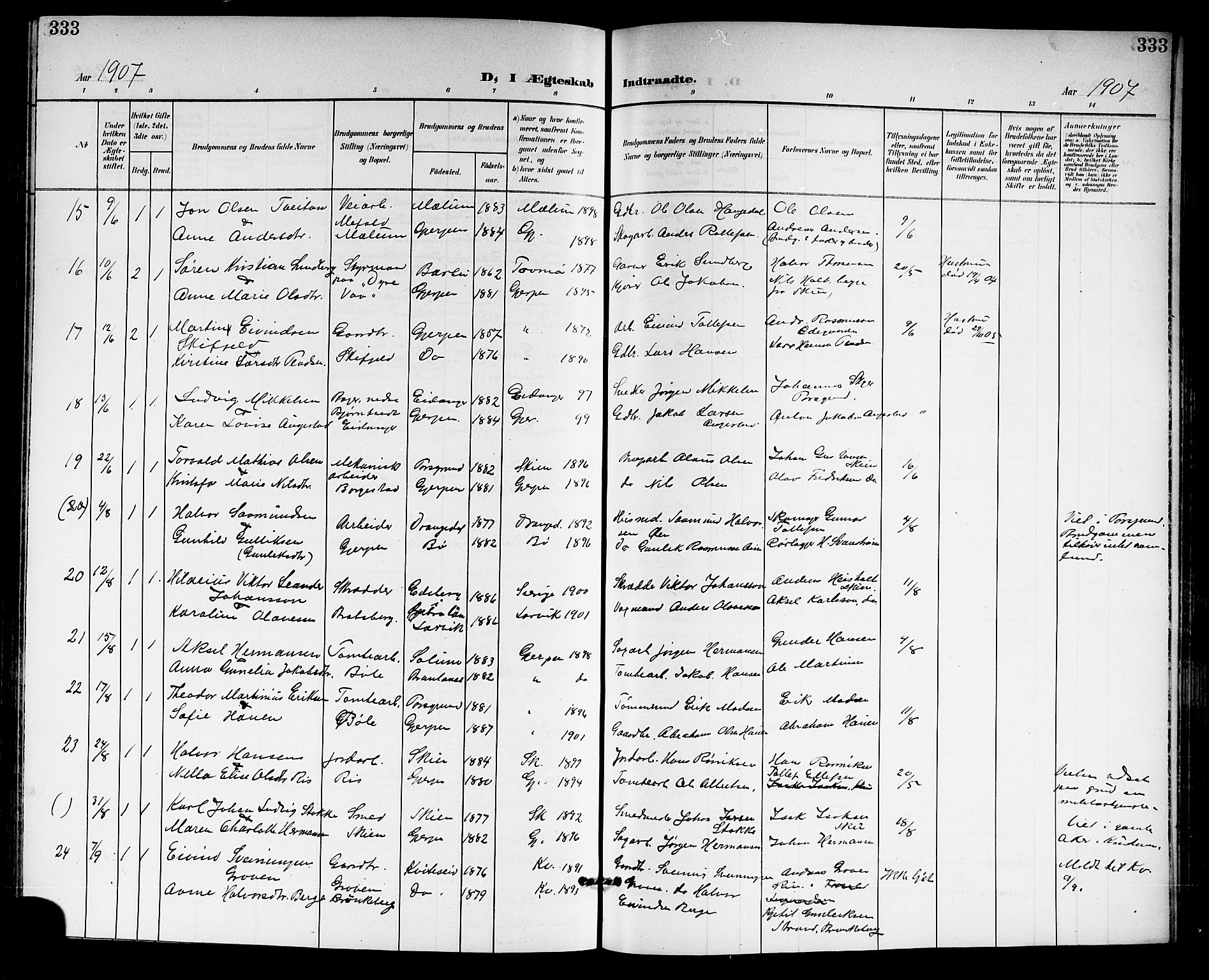 Gjerpen kirkebøker, SAKO/A-265/G/Ga/L0003: Parish register (copy) no. I 3, 1901-1919, p. 333