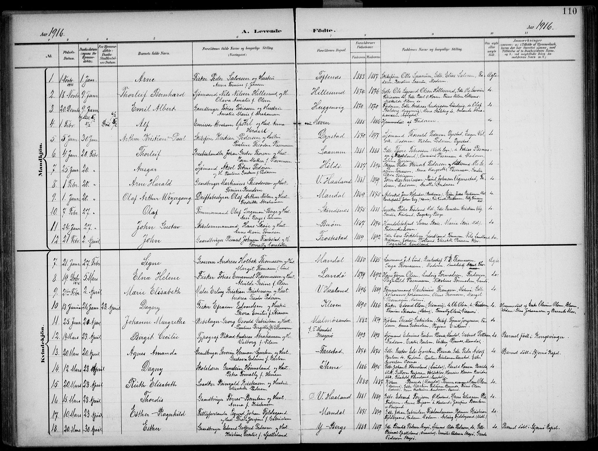 Mandal sokneprestkontor, AV/SAK-1111-0030/F/Fb/Fba/L0012: Parish register (copy) no. B 6, 1899-1918, p. 110