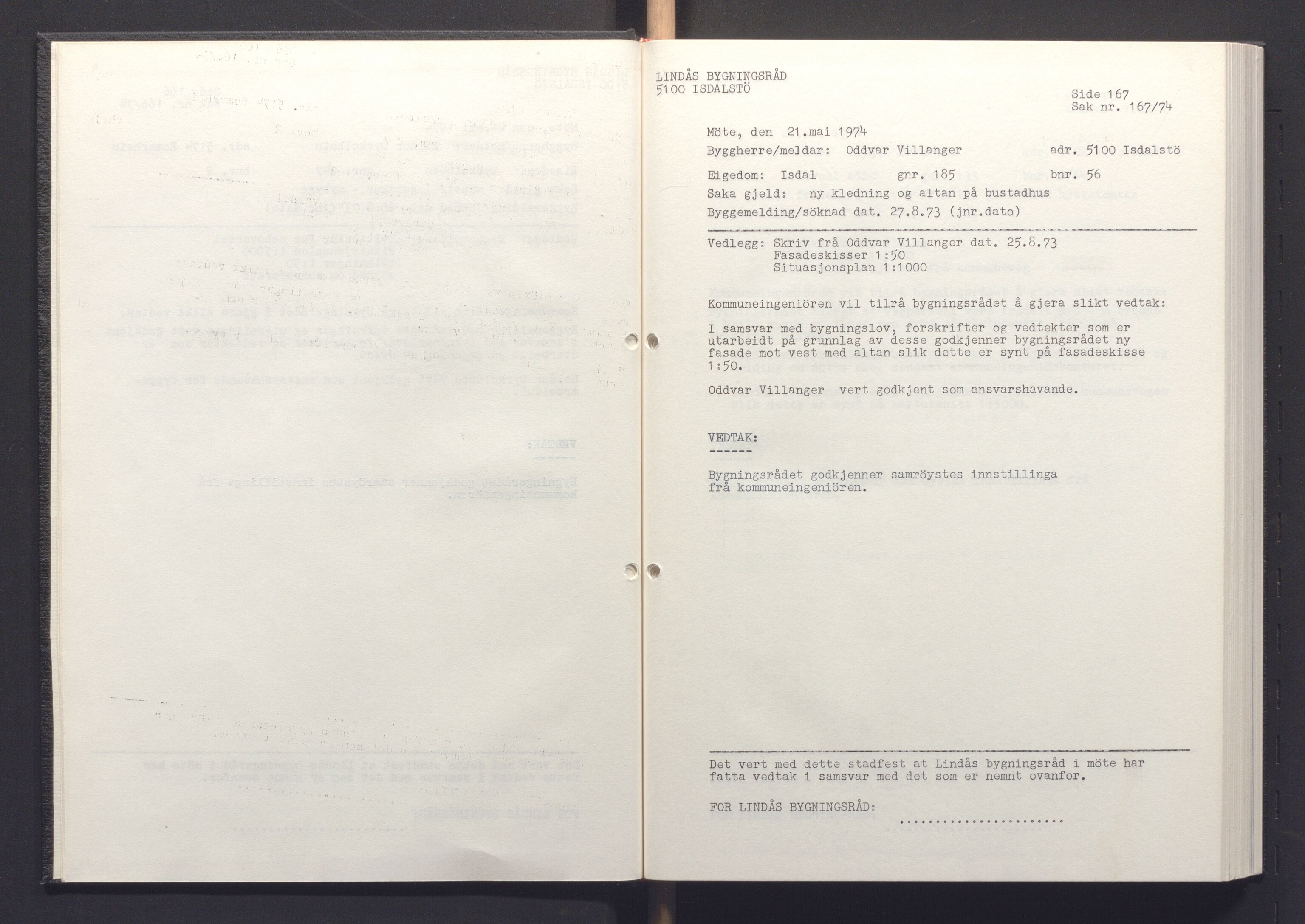 Lindås kommune. Bygningsrådet, IKAH/1263-511/A/Aa/L0015: Møtebok for Lindås bygningsråd, 1974