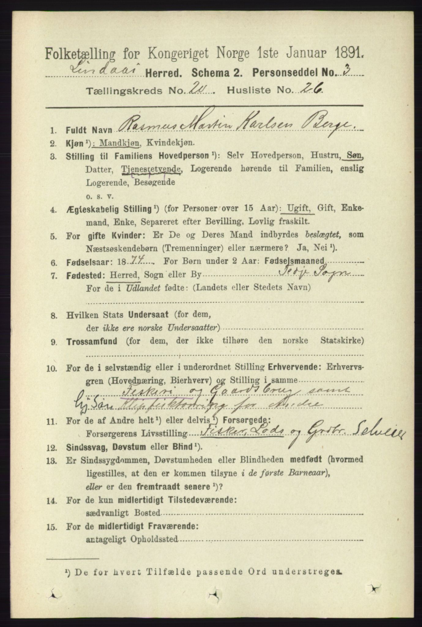 RA, 1891 census for 1263 Lindås, 1891, p. 7510