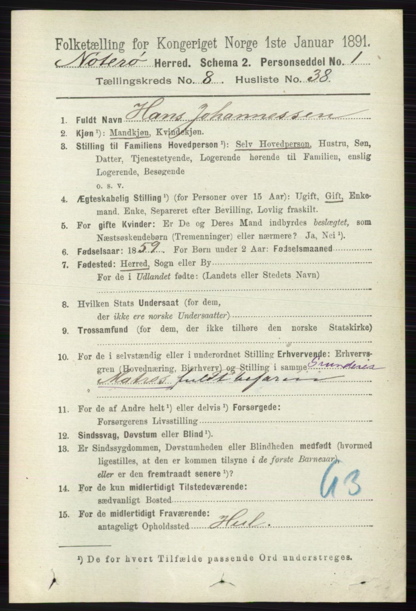 RA, 1891 census for 0722 Nøtterøy, 1891, p. 4077