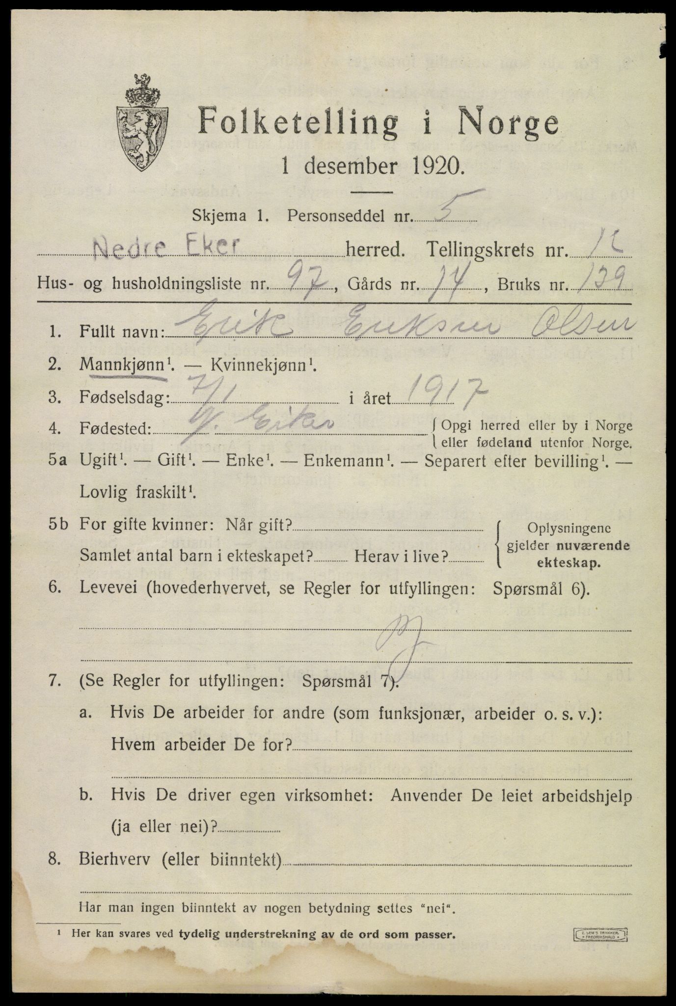 SAKO, 1920 census for Nedre Eiker, 1920, p. 14355