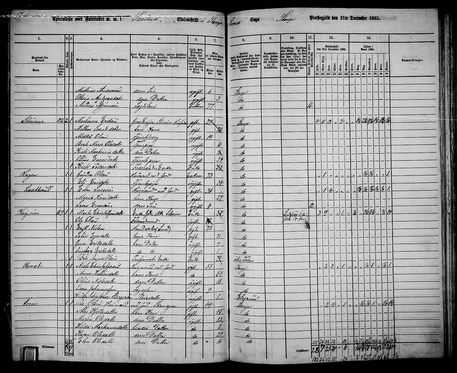 RA, 1865 census for Stange, 1865, p. 171