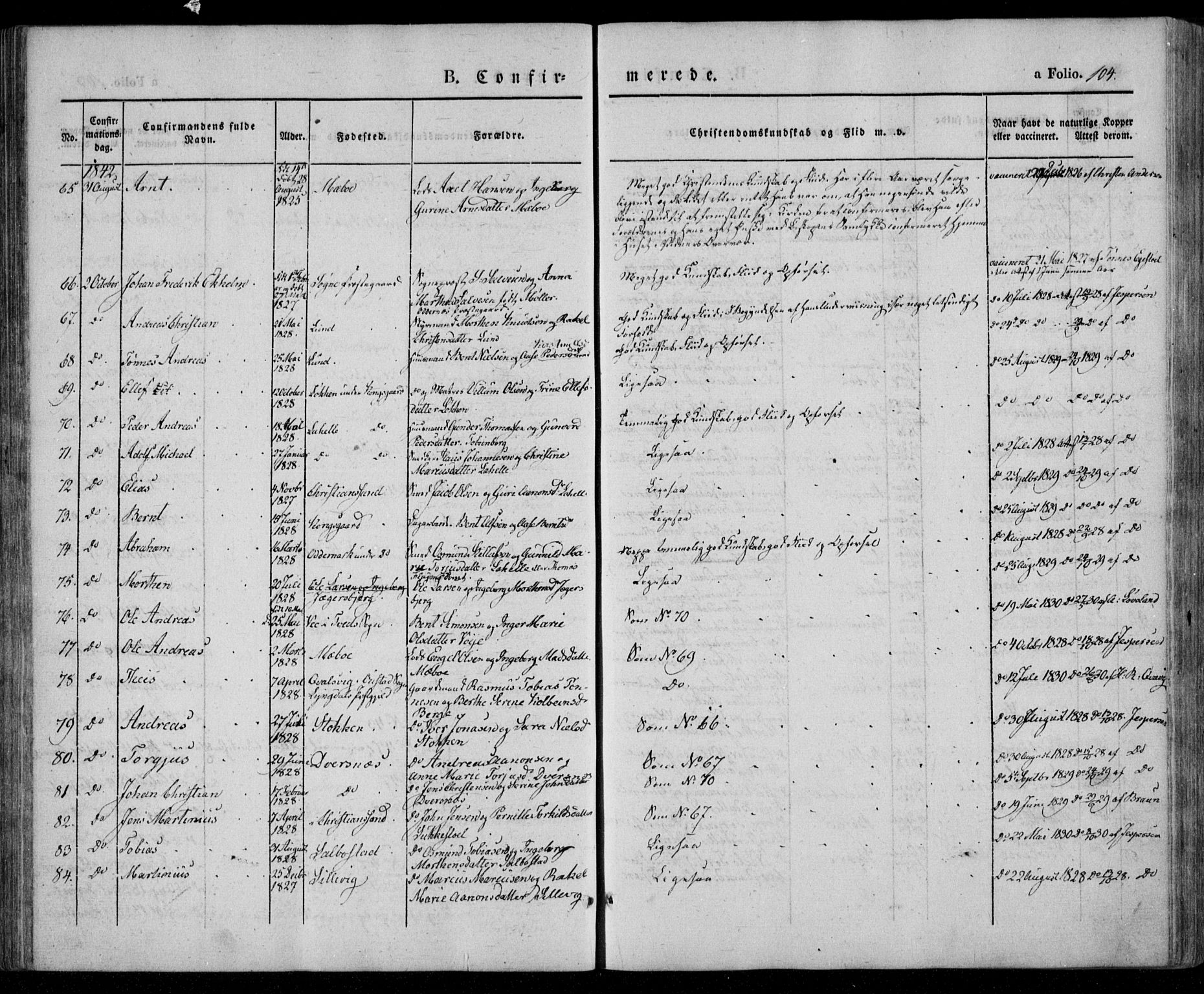 Oddernes sokneprestkontor, SAK/1111-0033/F/Fa/Faa/L0006: Parish register (official) no. A 6, 1838-1851, p. 104