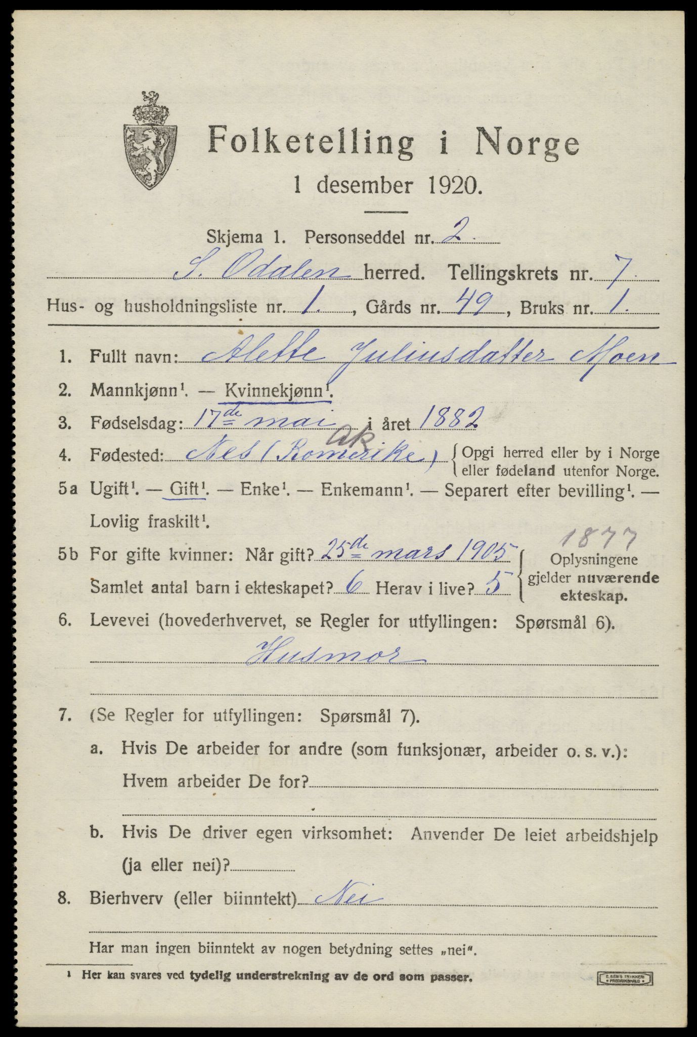 SAH, 1920 census for Sør-Odal, 1920, p. 8653