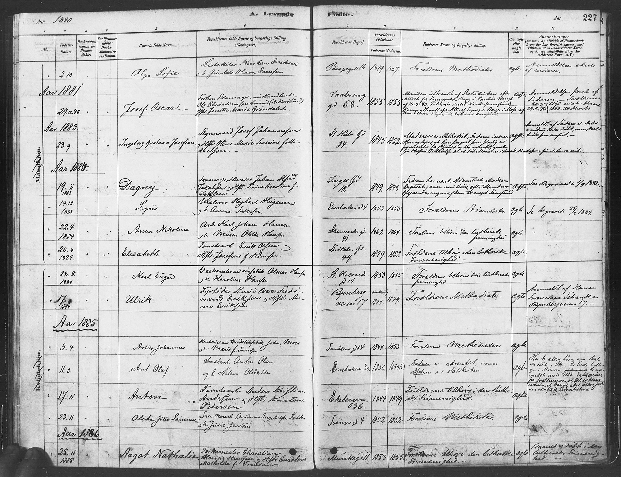 Gamlebyen prestekontor Kirkebøker, SAO/A-10884/F/Fa/L0005: Parish register (official) no. 5, 1878-1889, p. 227