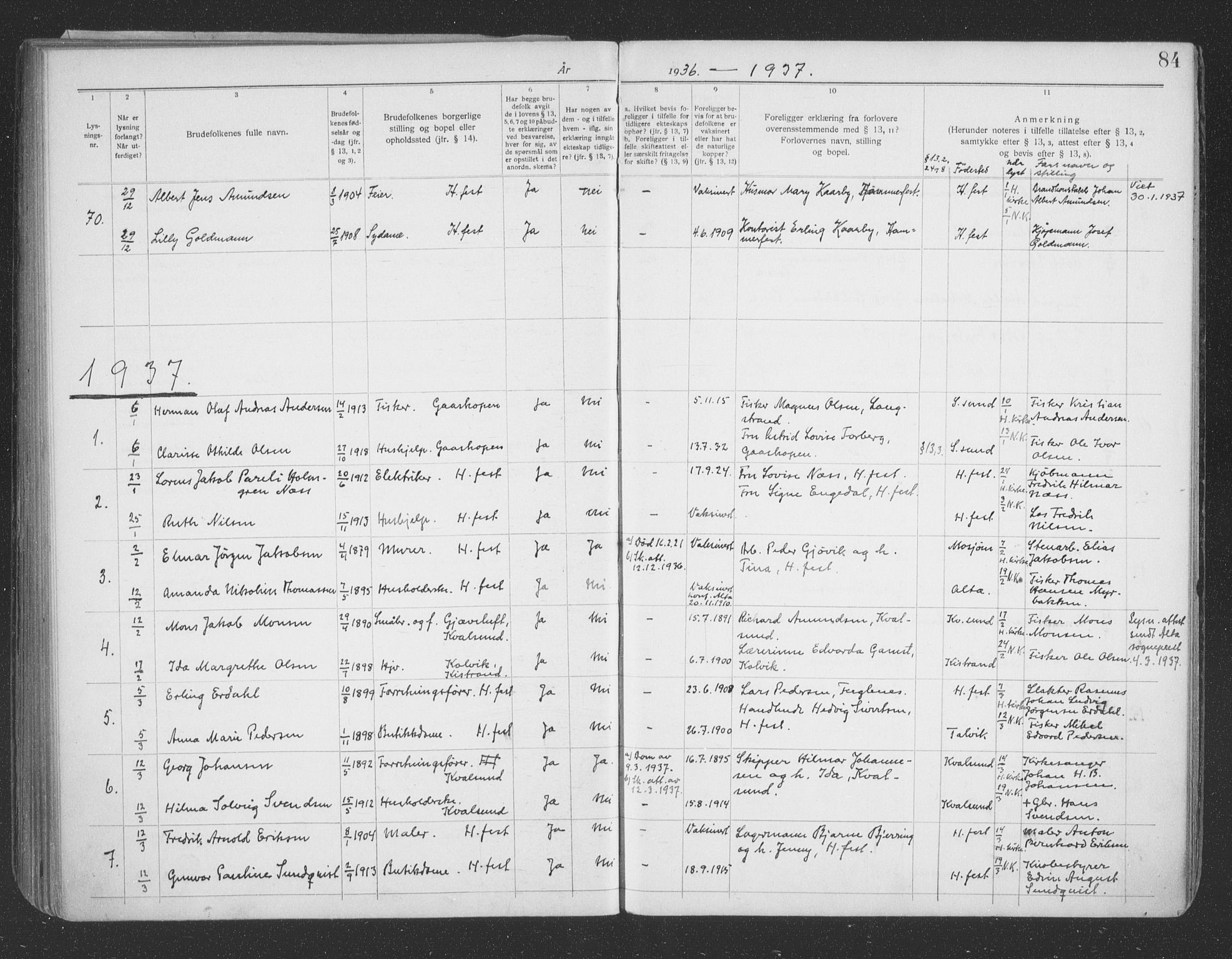 Hammerfest sokneprestkontor, SATØ/S-1347/I/Ib/L0073: Banns register no. 73, 1921-1939, p. 84