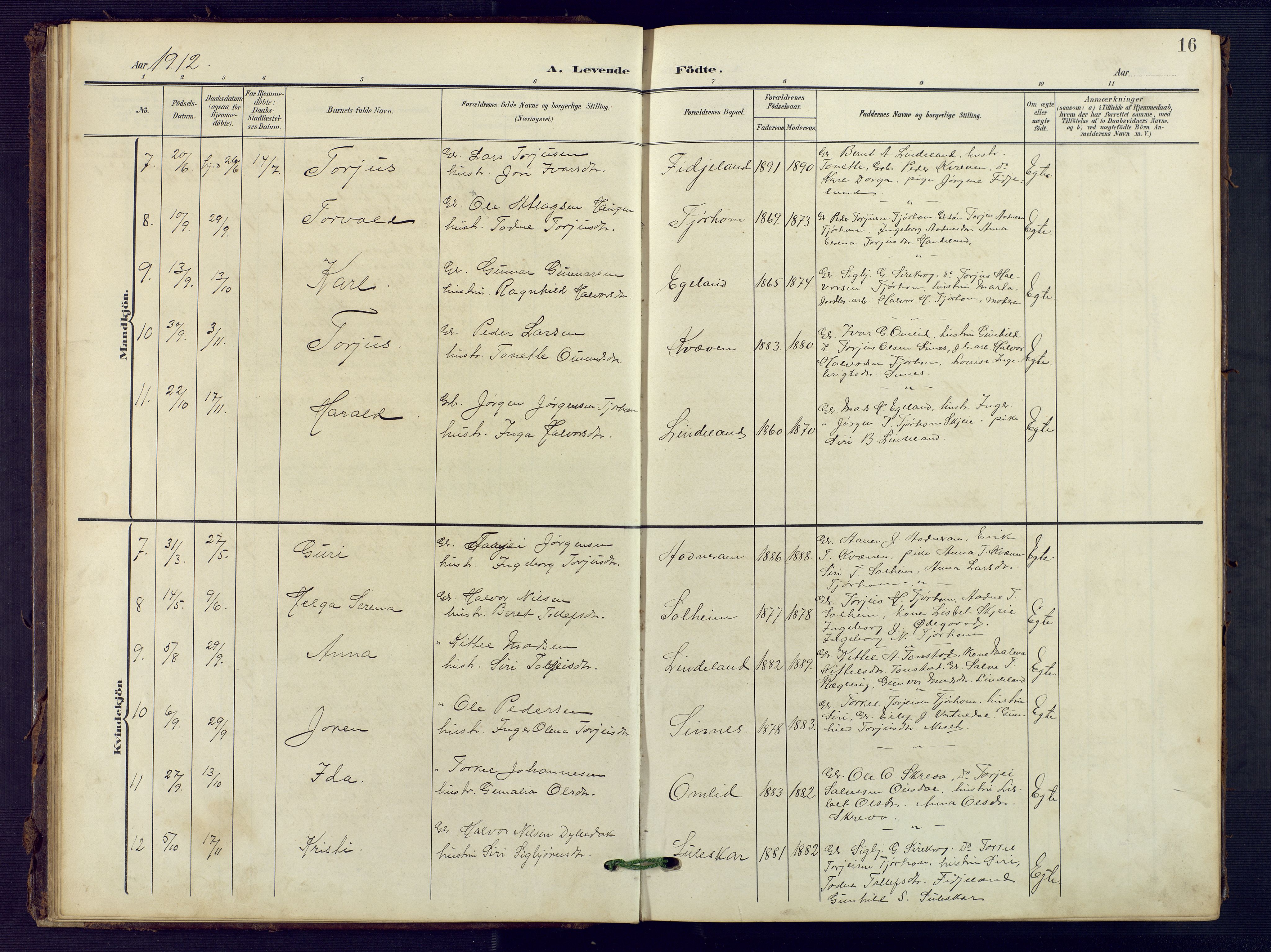 Sirdal sokneprestkontor, SAK/1111-0036/F/Fb/Fba/L0002: Parish register (copy) no. B 2, 1905-1958, p. 16