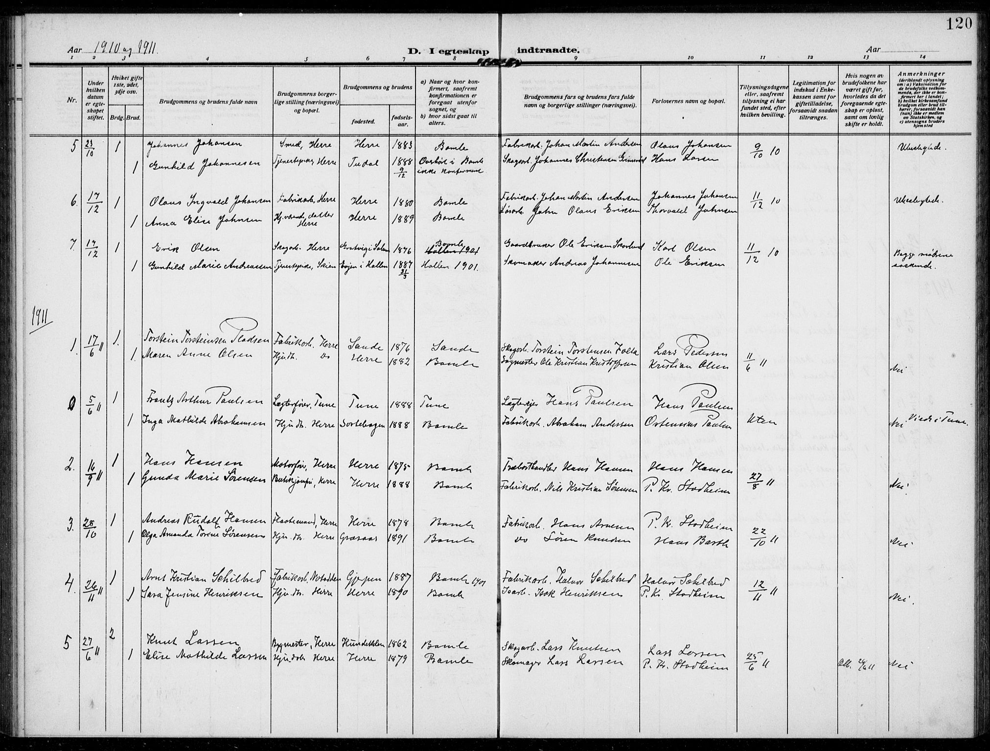 Bamble kirkebøker, AV/SAKO-A-253/F/Fc/L0001: Parish register (official) no. III 1, 1909-1916, p. 120