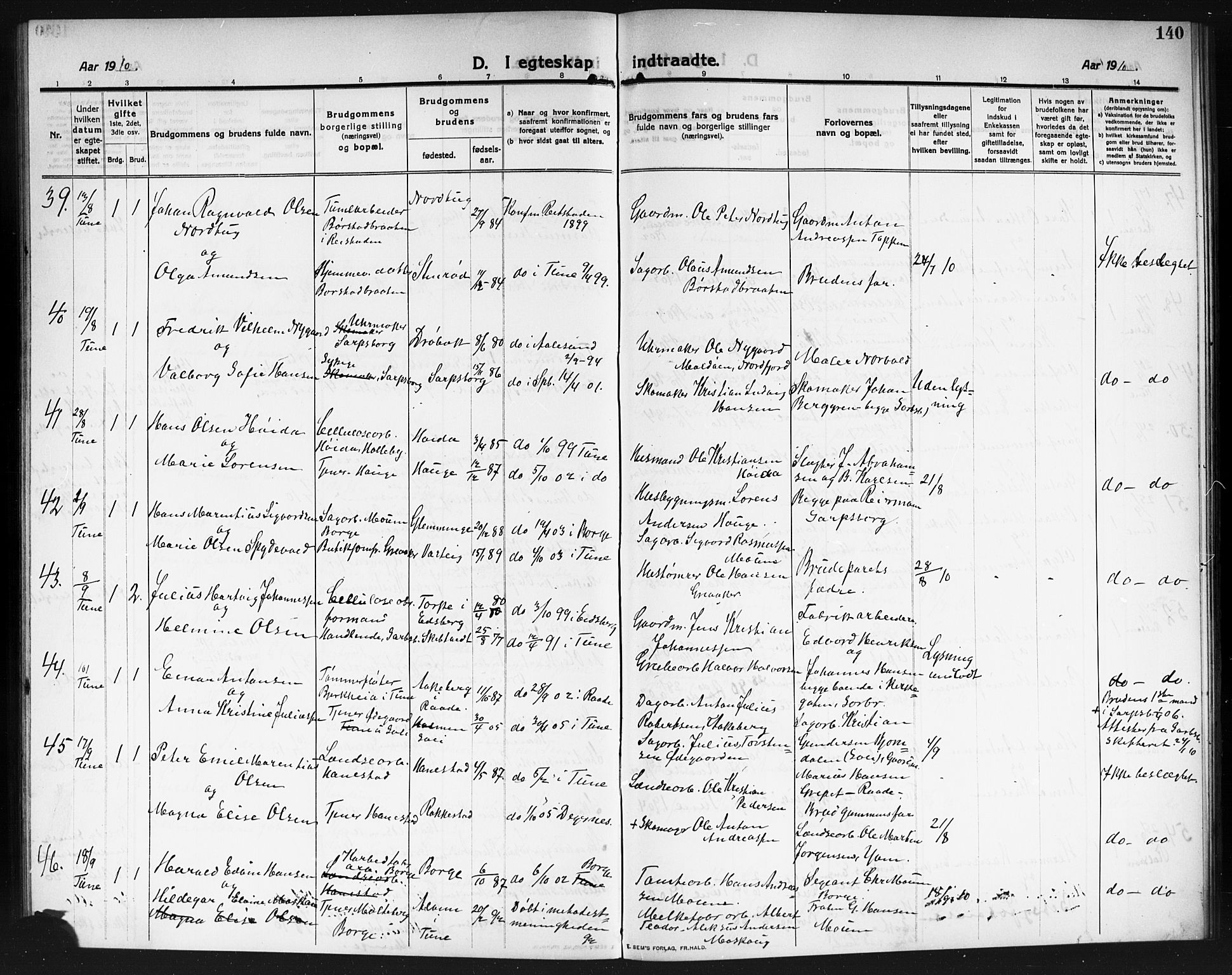 Tune prestekontor Kirkebøker, AV/SAO-A-2007/G/Ga/L0002: Parish register (copy) no. I 2, 1910-1913, p. 140