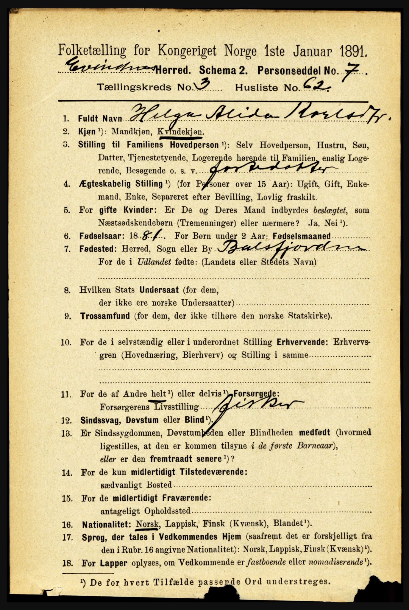 RA, 1891 census for 1853 Evenes, 1891, p. 1173