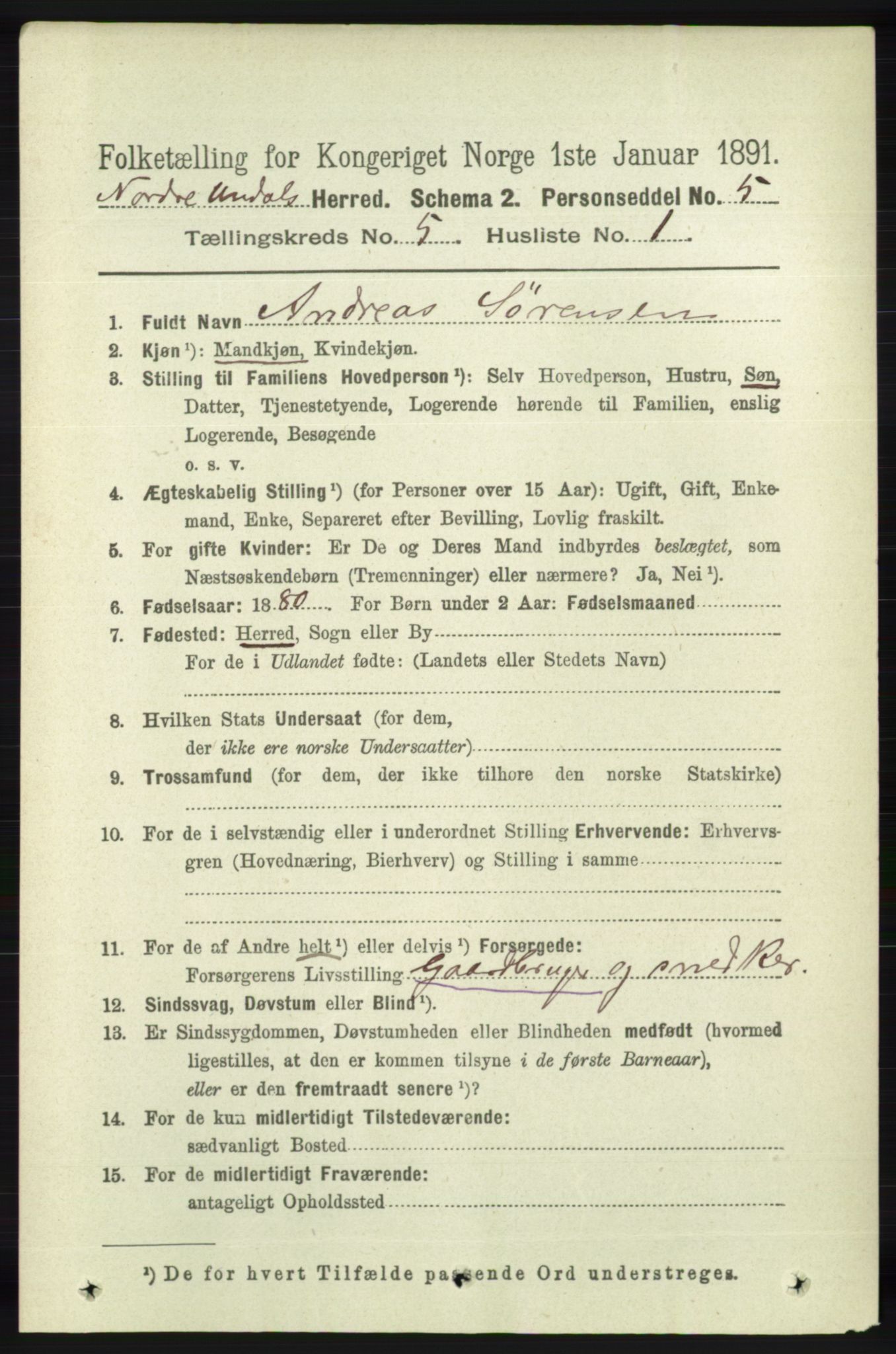 RA, 1891 census for 1028 Nord-Audnedal, 1891, p. 1232