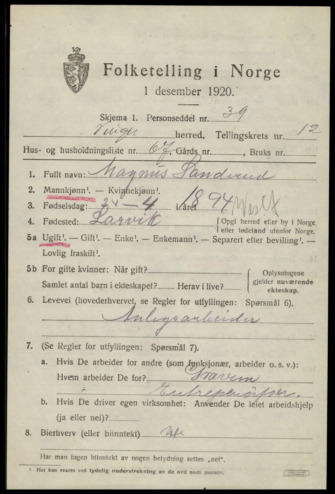 SAH, 1920 census for Vinger, 1920, p. 11078