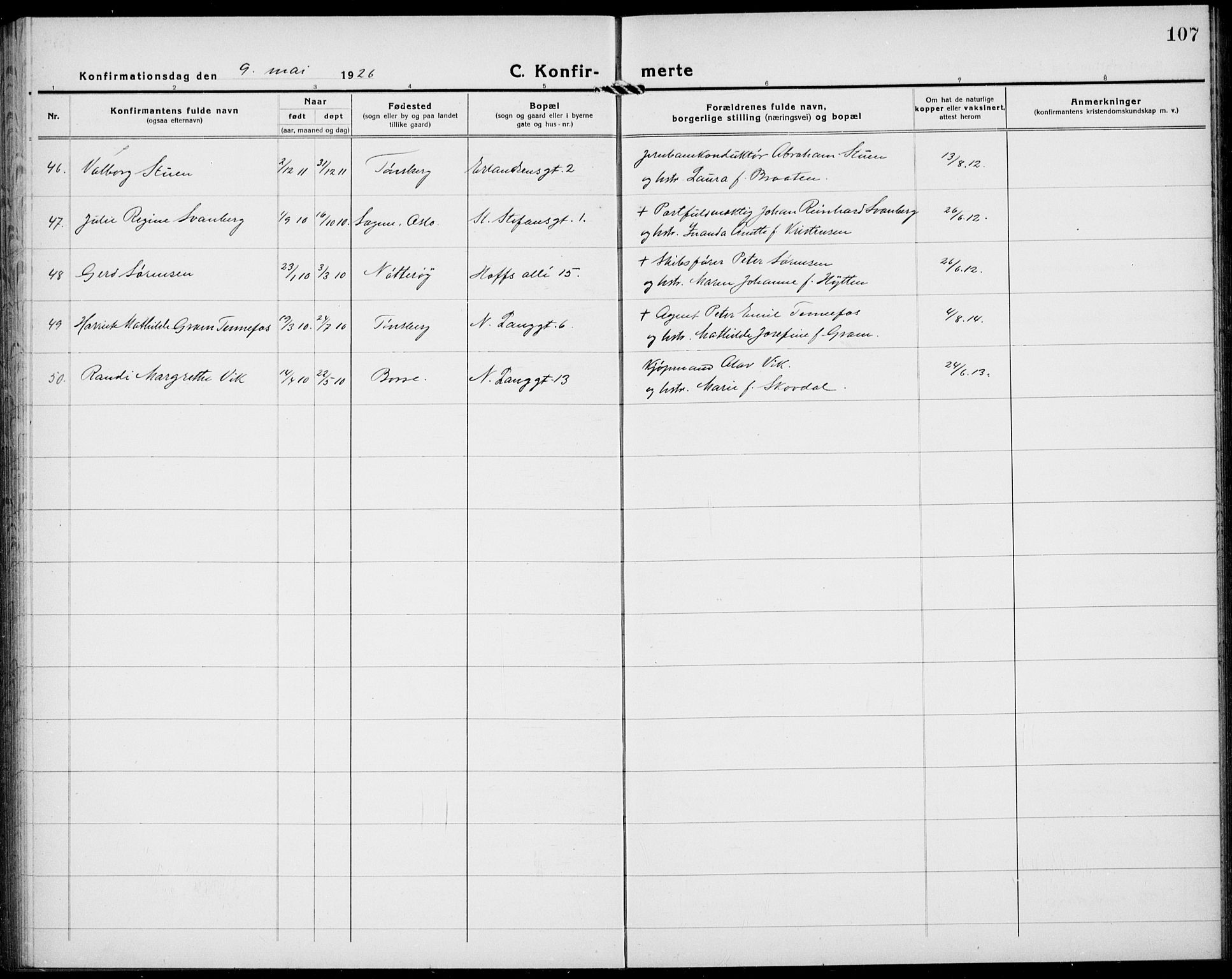 Tønsberg kirkebøker, AV/SAKO-A-330/G/Ga/L0013: Parish register (copy) no. 13, 1920-1929, p. 107