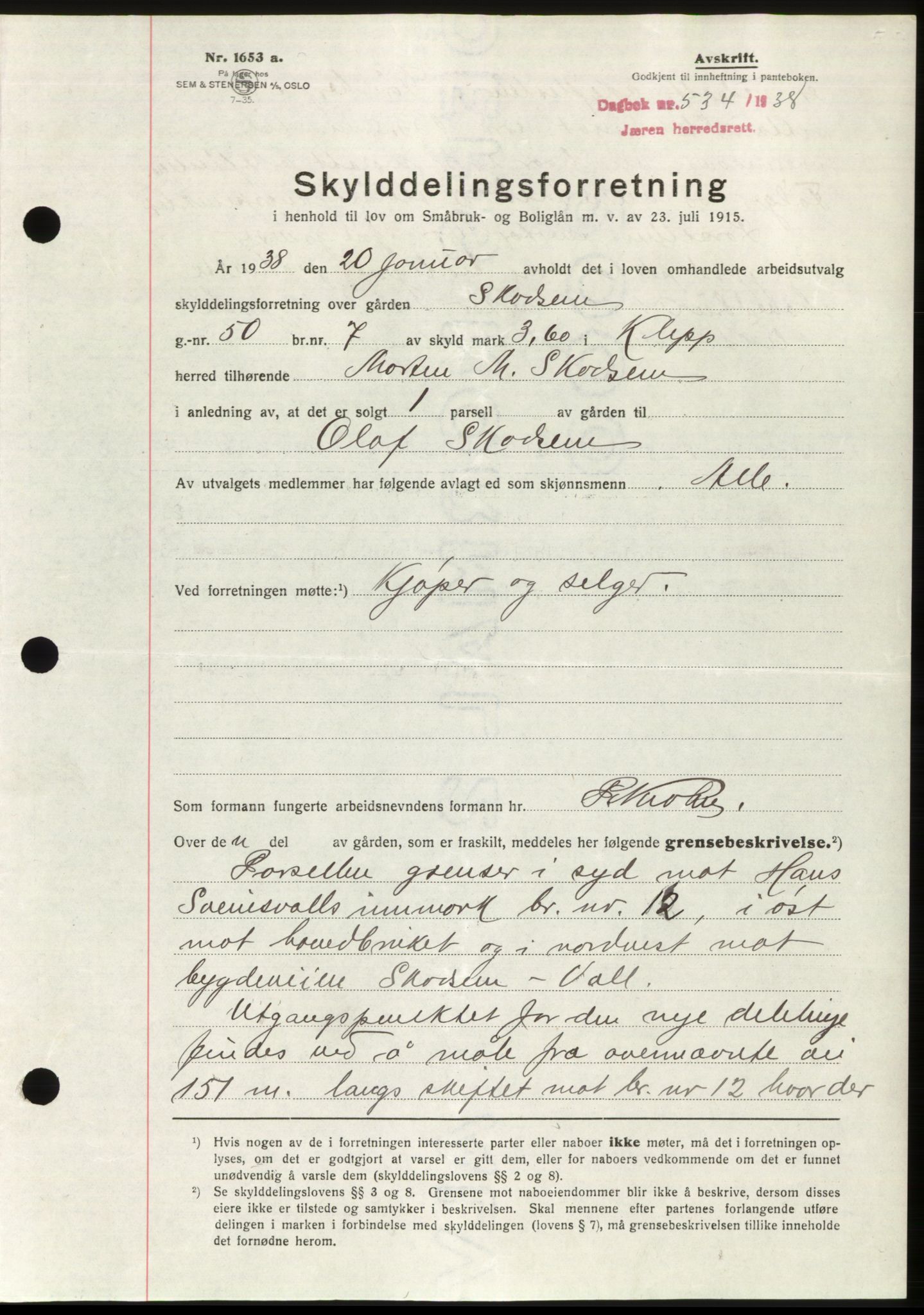 Jæren sorenskriveri, SAST/A-100310/03/G/Gba/L0070: Mortgage book, 1938-1938, Diary no: : 534/1938