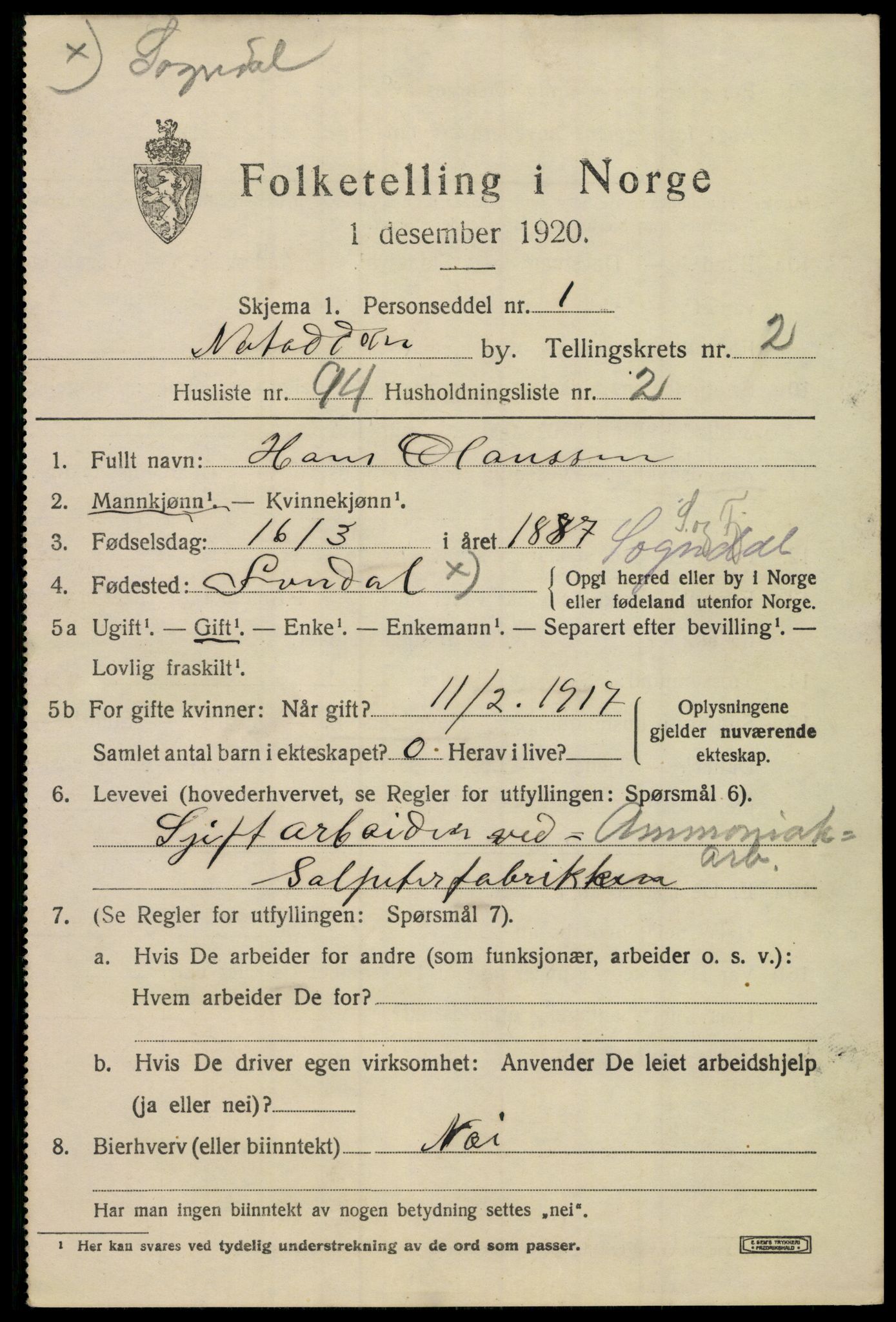 SAKO, 1920 census for Notodden, 1920, p. 8296