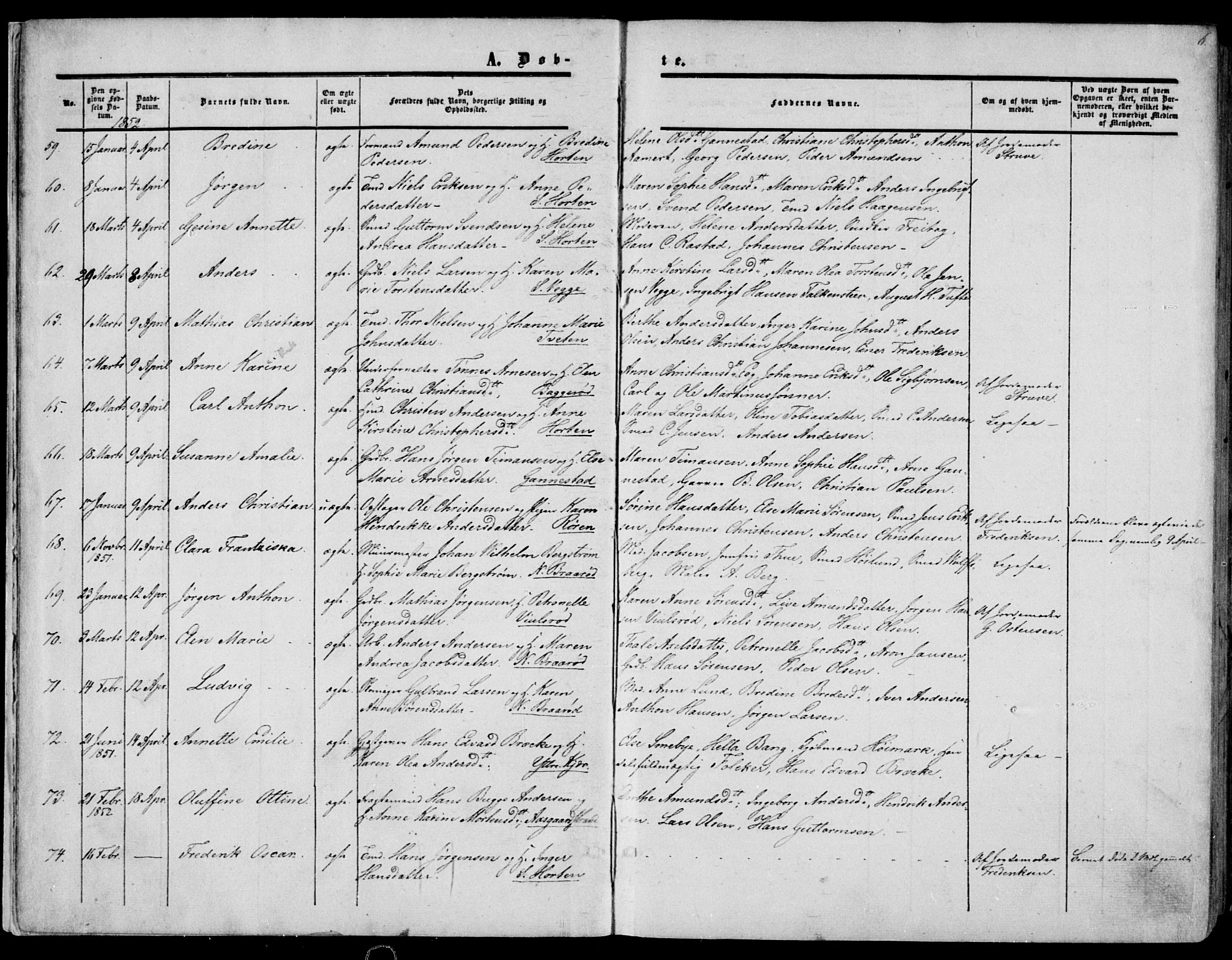 Borre kirkebøker, AV/SAKO-A-338/F/Fa/L0006: Parish register (official) no. I 6, 1852-1862, p. 6