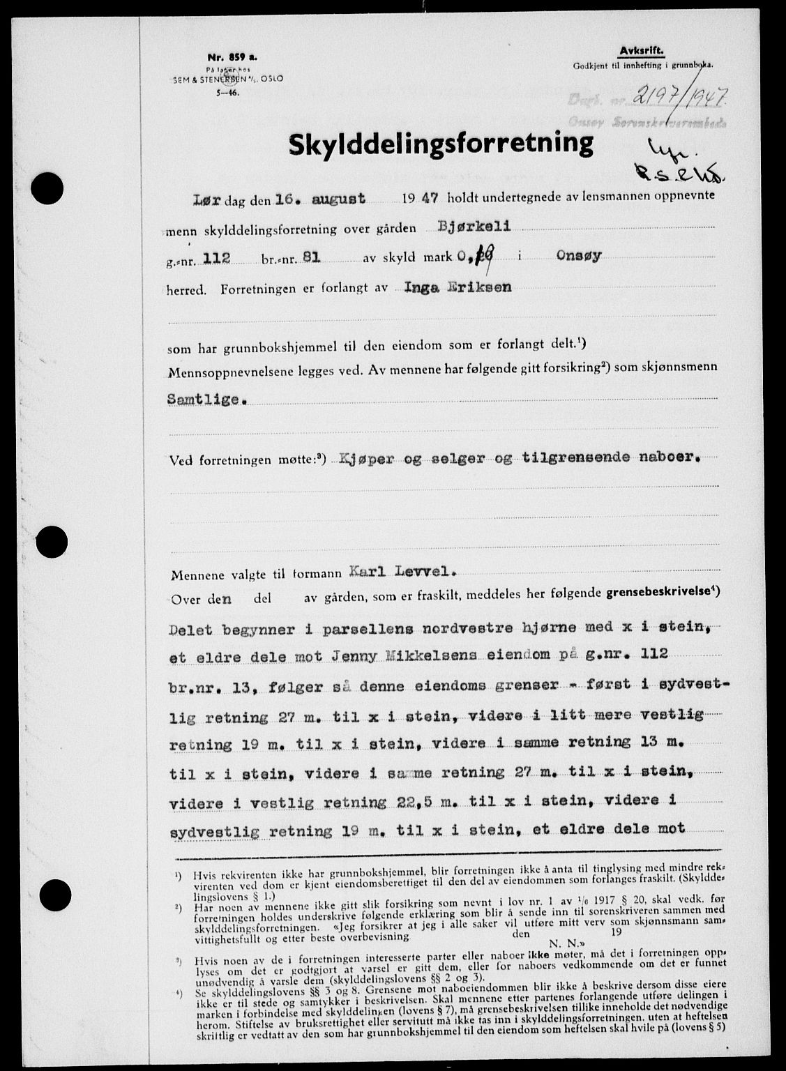 Onsøy sorenskriveri, SAO/A-10474/G/Ga/Gab/L0021: Mortgage book no. II A-21, 1947-1947, Diary no: : 2197/1947