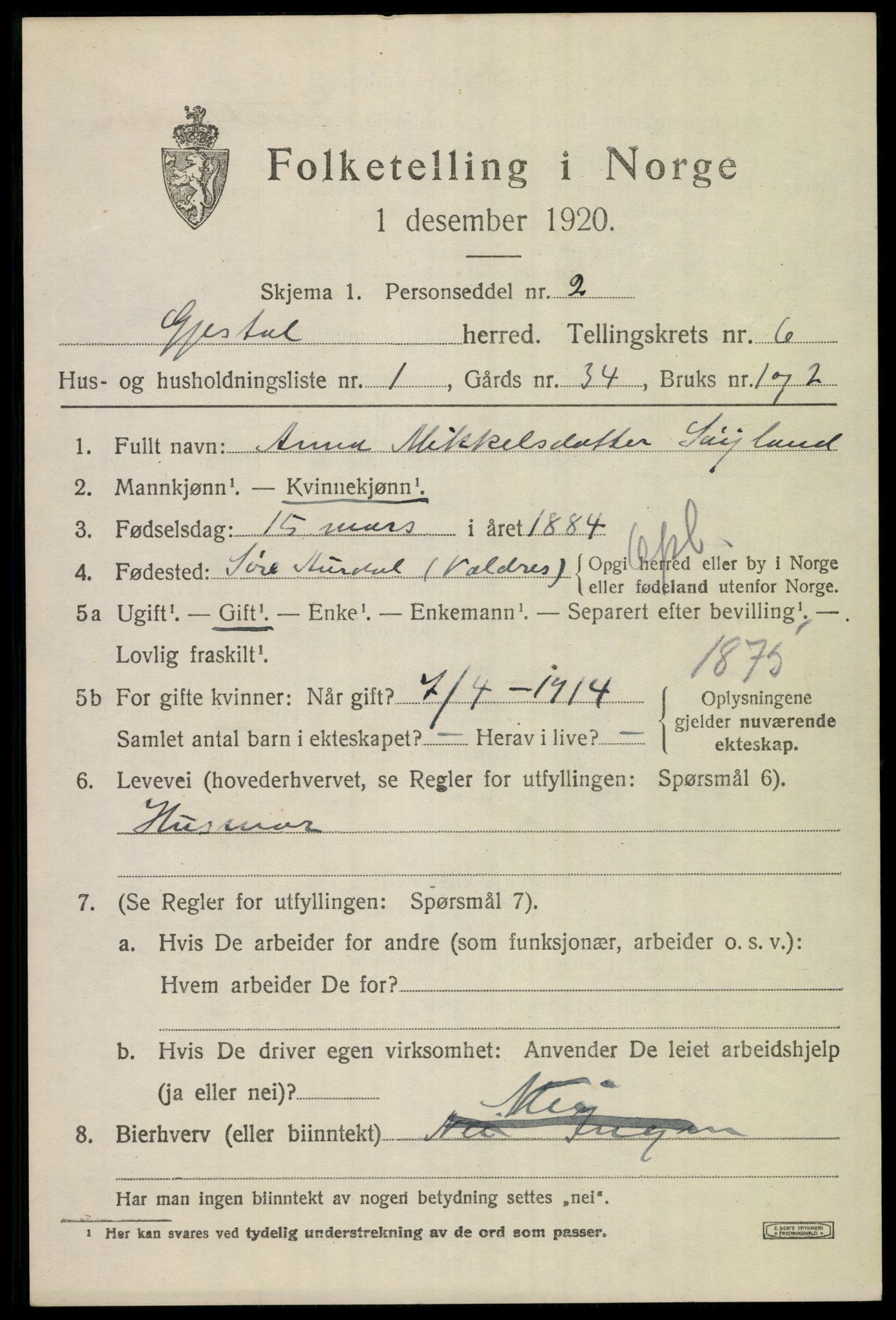 SAST, 1920 census for Gjesdal, 1920, p. 3390