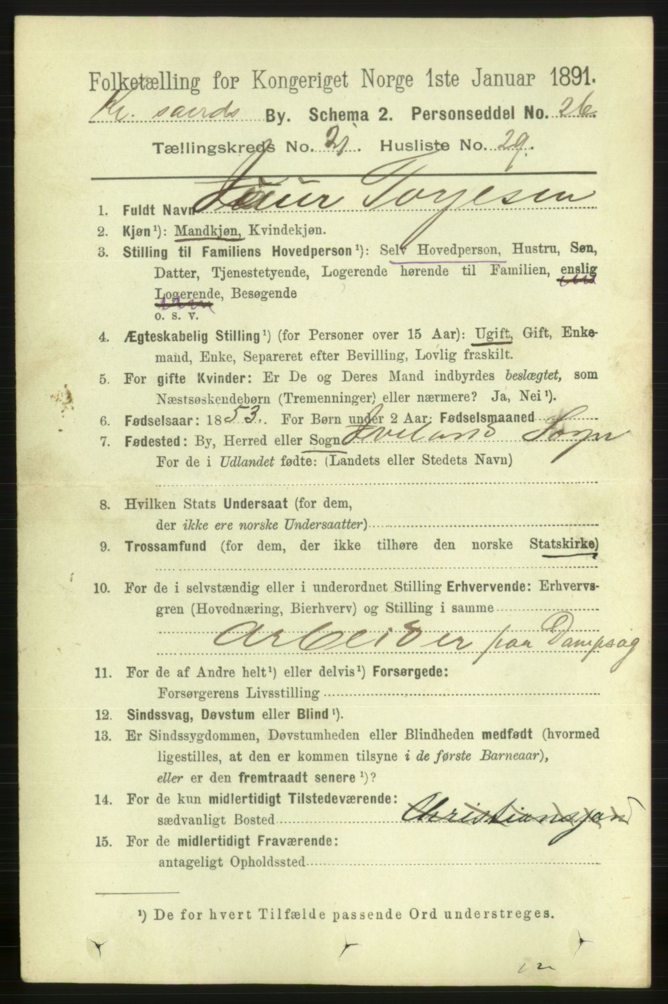 RA, 1891 census for 1001 Kristiansand, 1891, p. 8111