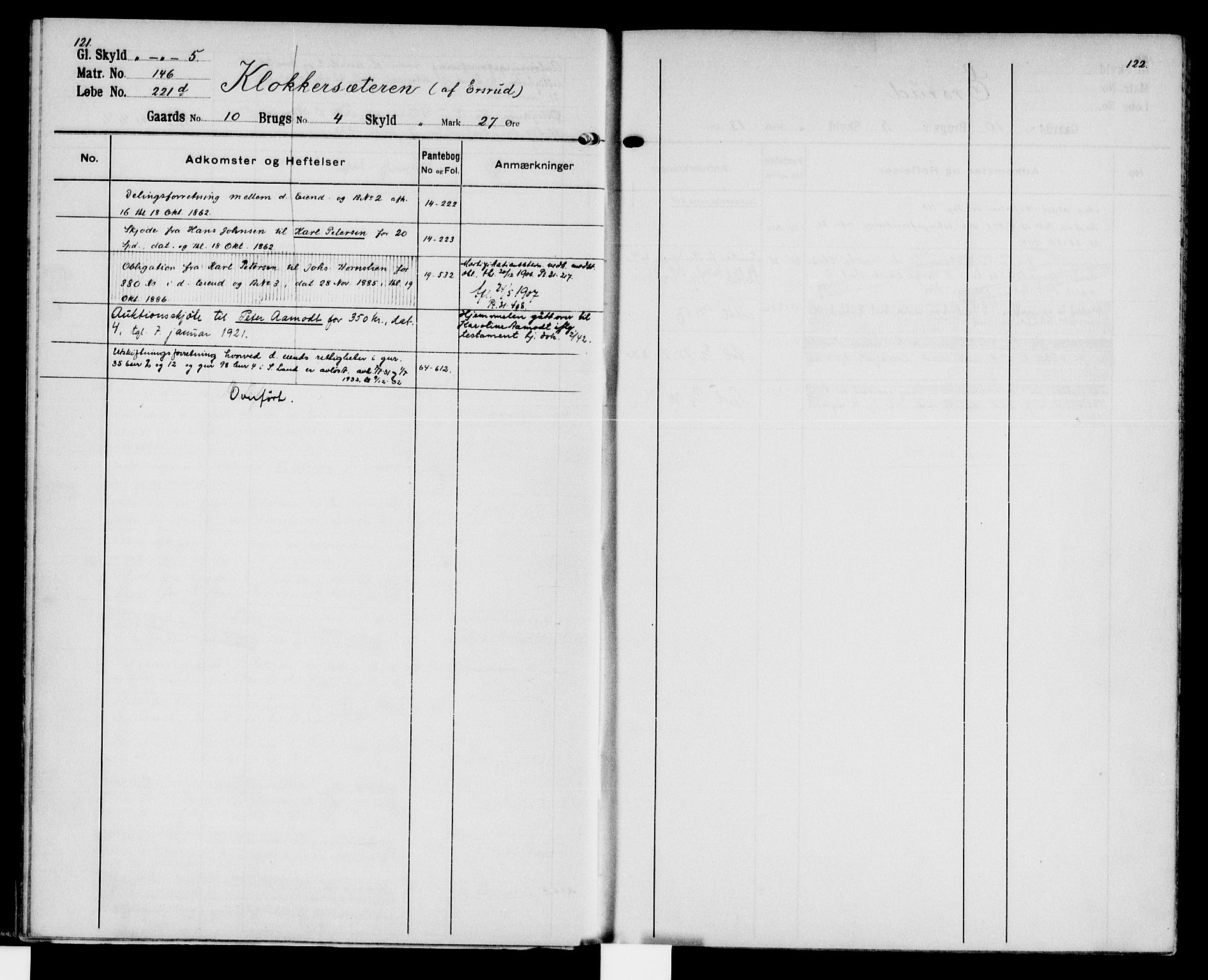 Hadeland og Land tingrett, AV/SAH-TING-010/H/Ha/Hac/L0013: Mortgage register no. 3.13, 1906-1951, p. 121-122