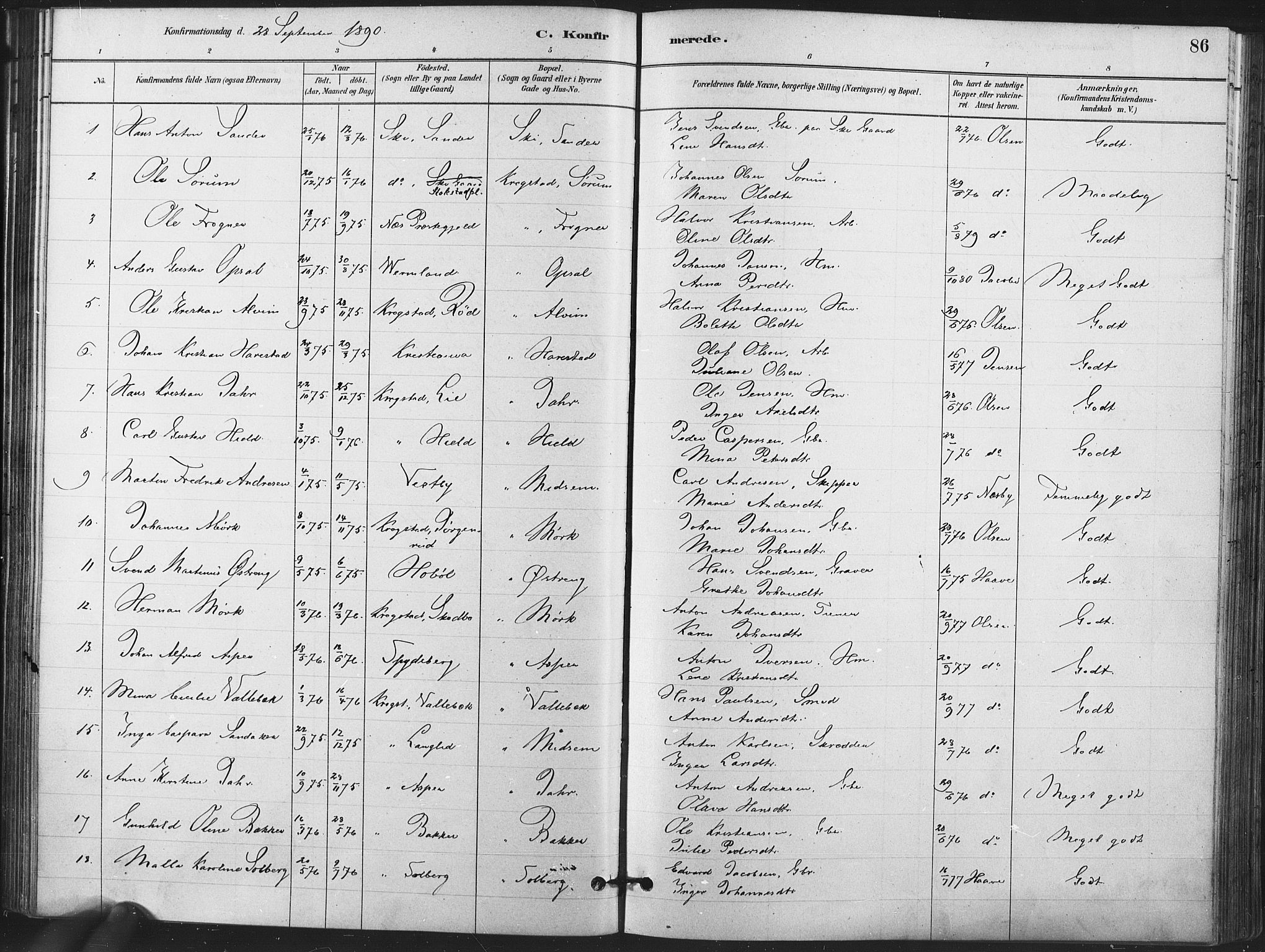 Kråkstad prestekontor Kirkebøker, AV/SAO-A-10125a/F/Fa/L0009: Parish register (official) no. I 9, 1880-1892, p. 86