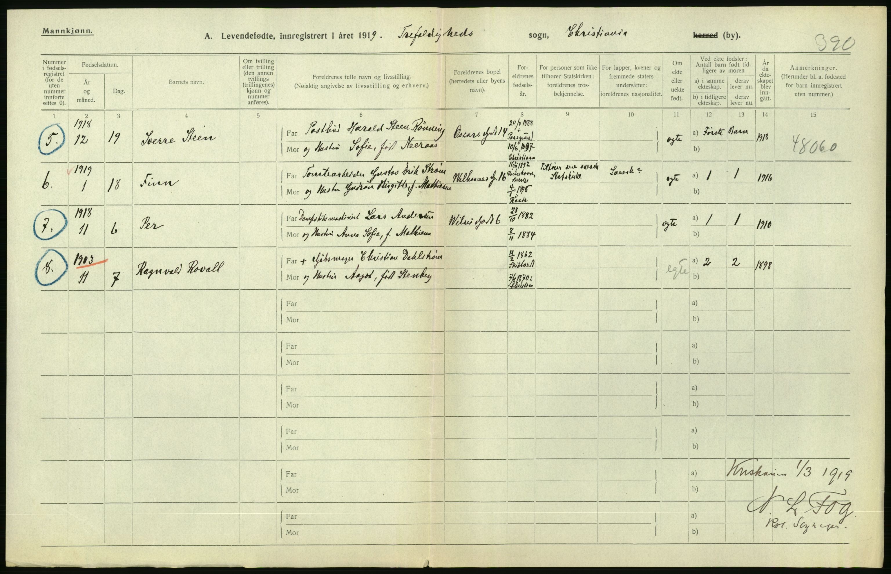 Statistisk sentralbyrå, Sosiodemografiske emner, Befolkning, AV/RA-S-2228/D/Df/Dfb/Dfbi/L0007: Kristiania: Levendefødte menn og kvinner., 1919, p. 318