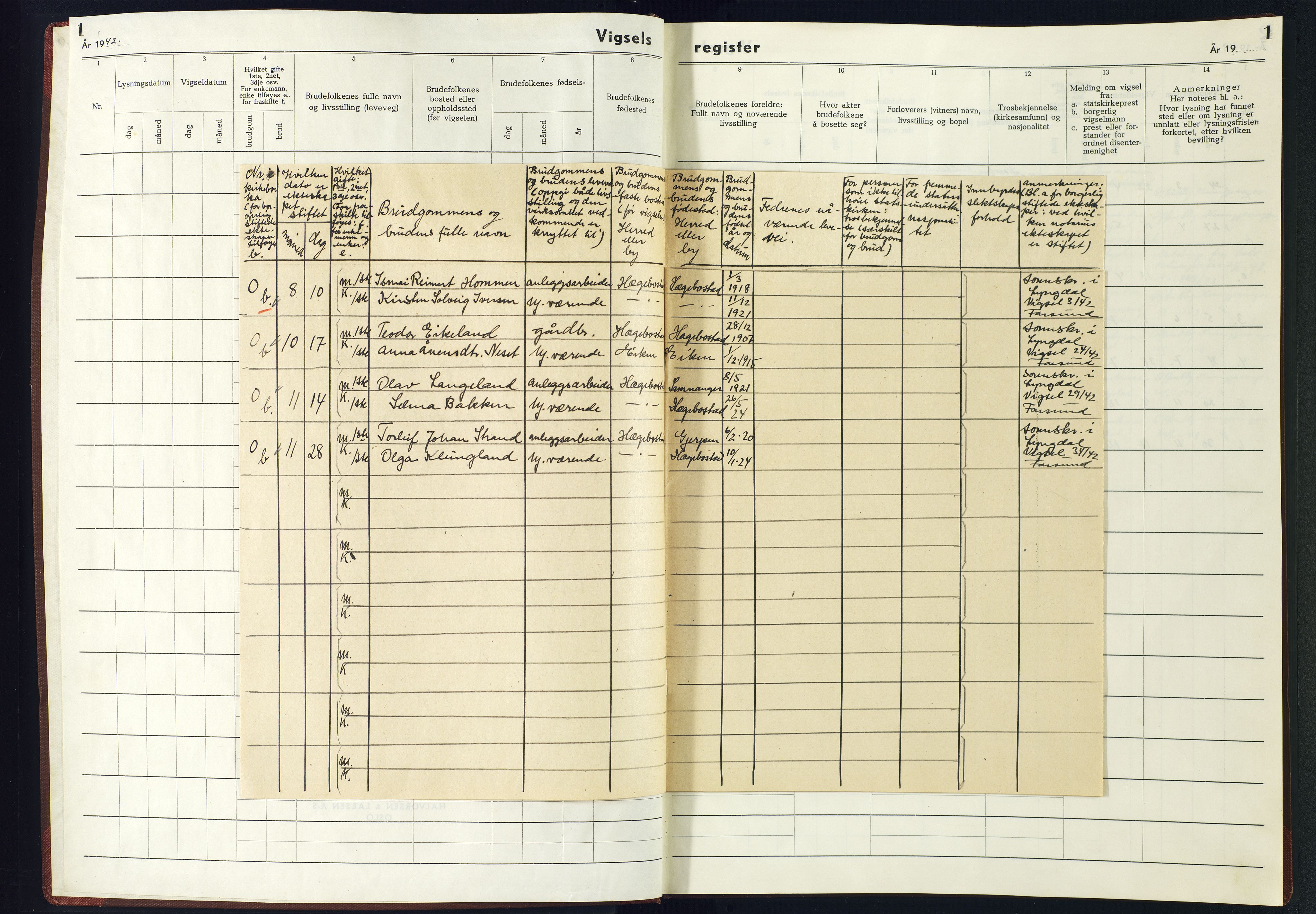 Hægebostad sokneprestkontor, AV/SAK-1111-0024/J/Jb/L0002: Marriage register no. II.6.2, 1942-1945, p. 1