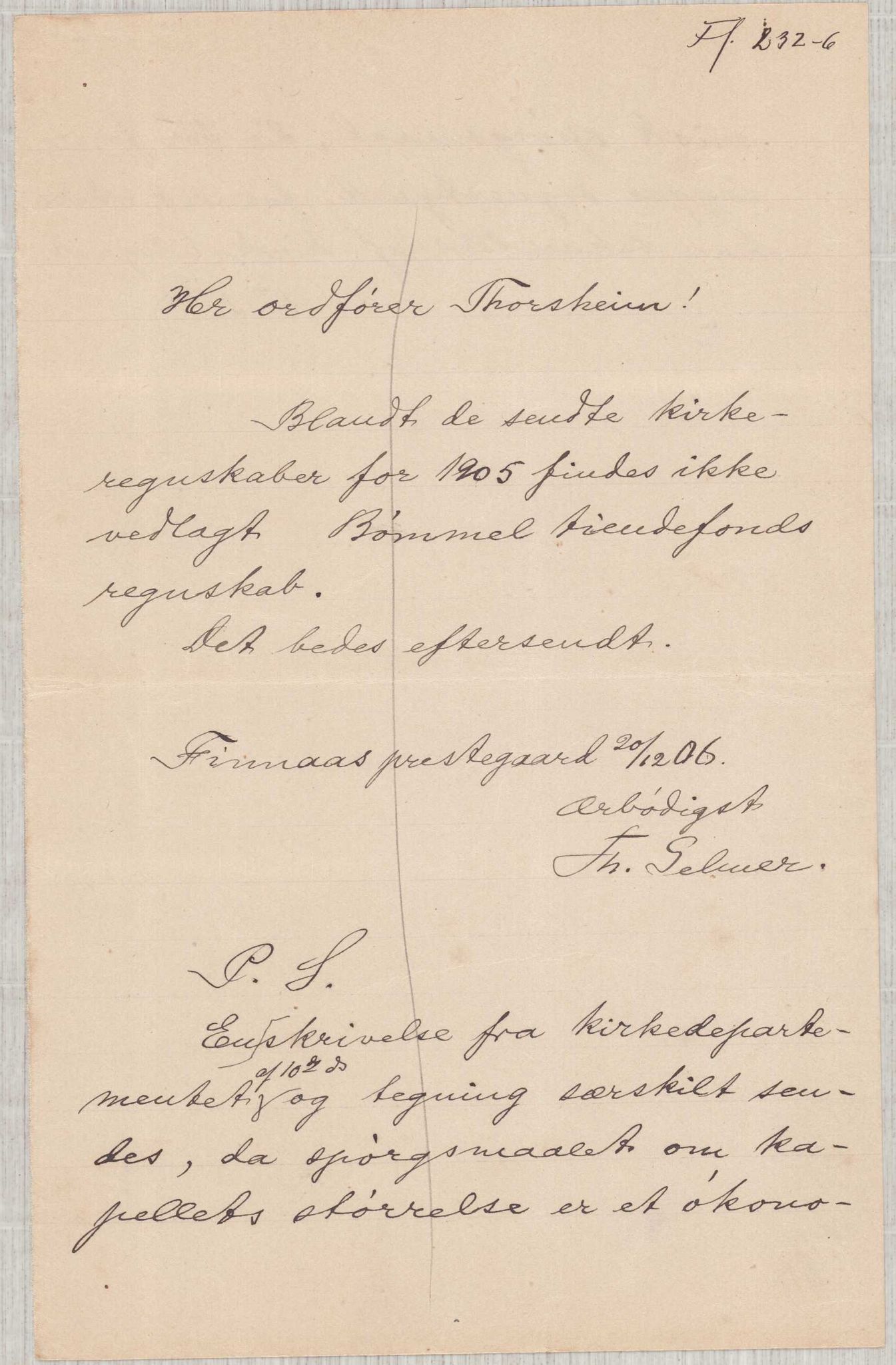 Finnaas kommune. Formannskapet, IKAH/1218a-021/D/Da/L0001/0006: Korrespondanse / saker / Kapellkyrkje på Løkling, 1906-1910, p. 15