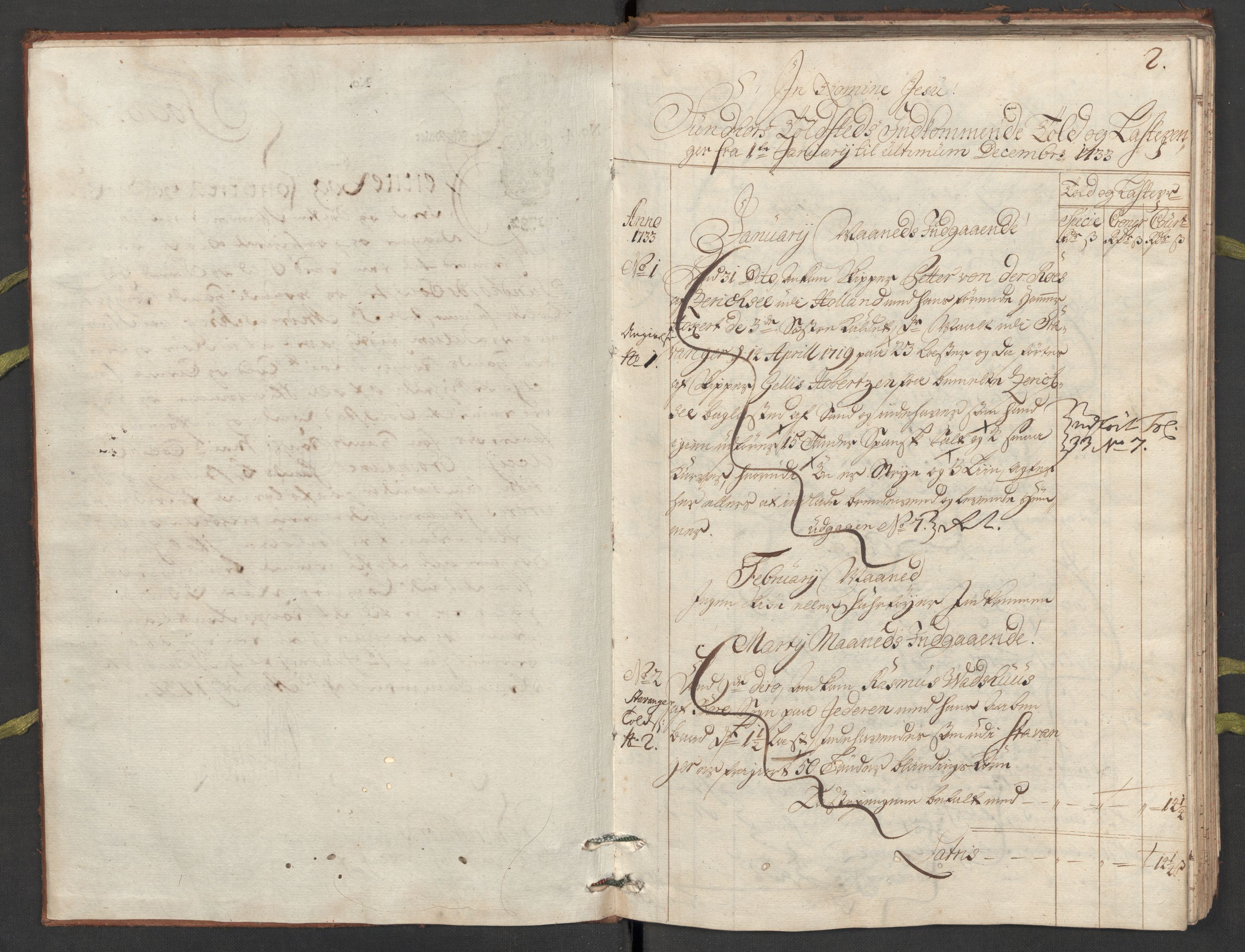 Generaltollkammeret, tollregnskaper, AV/RA-EA-5490/R24/L0009/0001: Tollregnskaper Sunnhordland / Hovedtollbok, 1733, p. 1b-2a