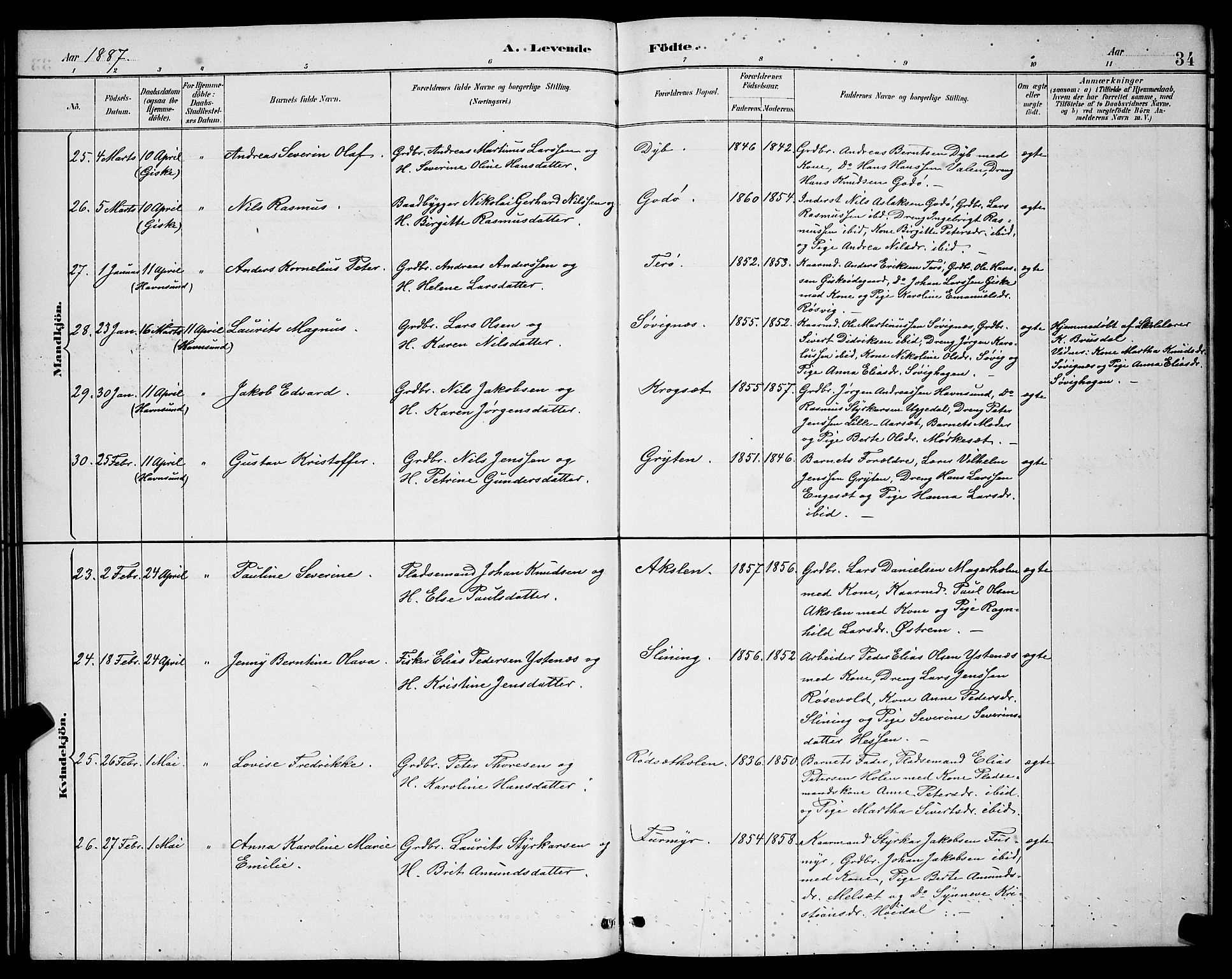 Ministerialprotokoller, klokkerbøker og fødselsregistre - Møre og Romsdal, AV/SAT-A-1454/528/L0431: Parish register (copy) no. 528C12, 1885-1898, p. 34