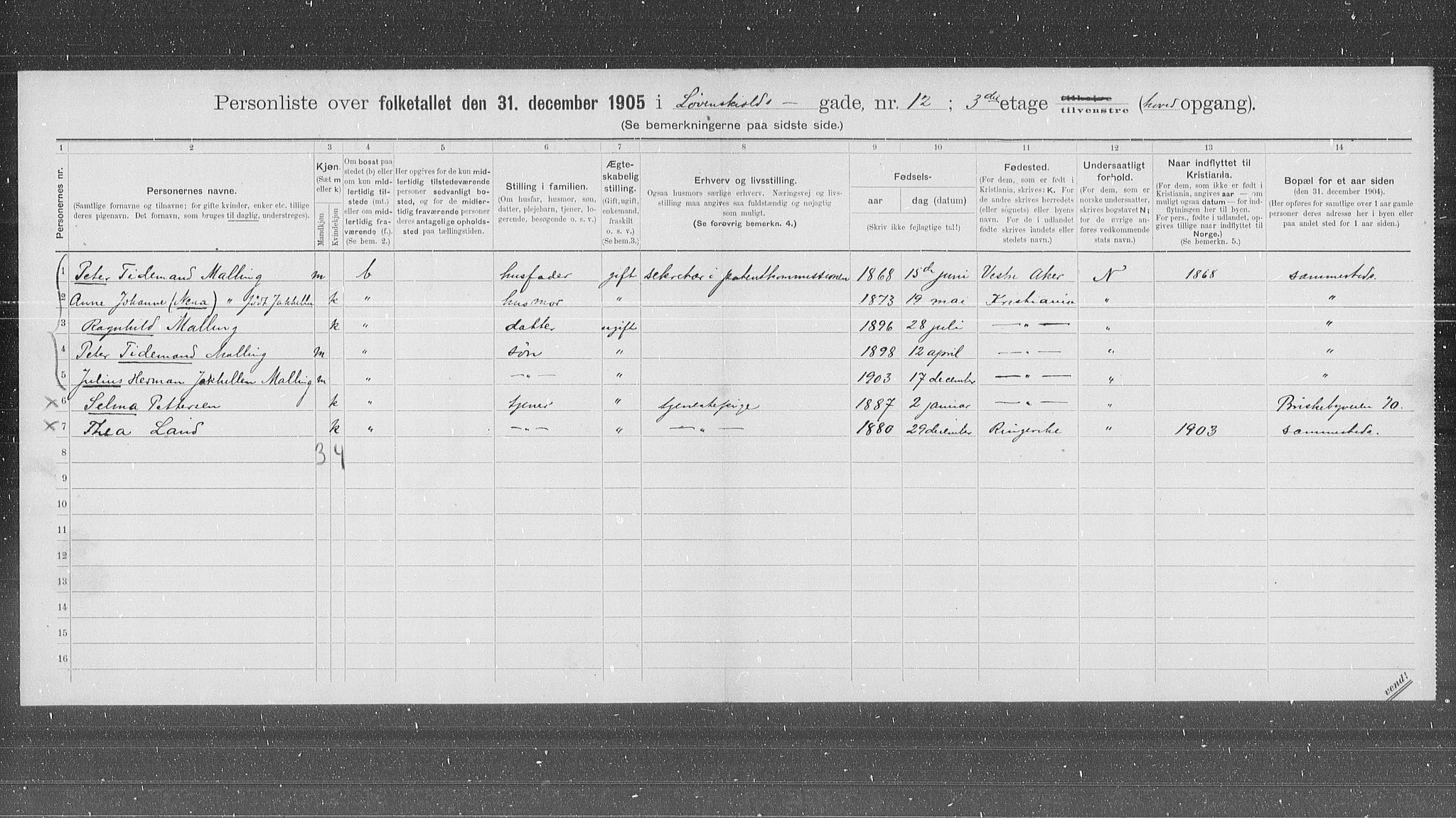 OBA, Municipal Census 1905 for Kristiania, 1905, p. 31013