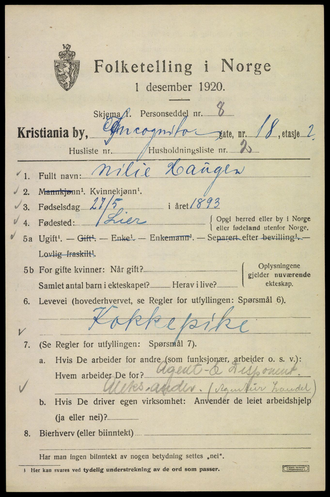 SAO, 1920 census for Kristiania, 1920, p. 311277