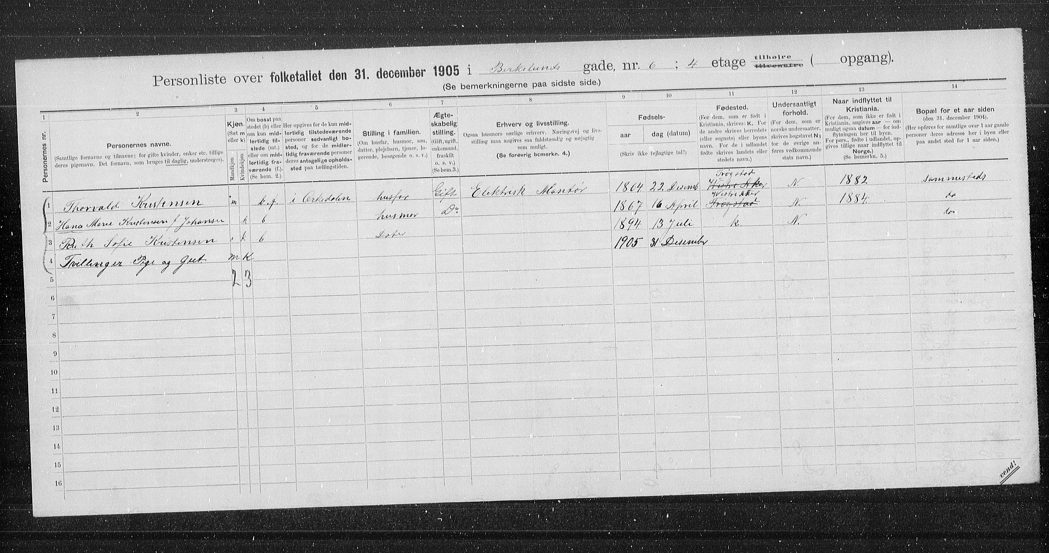 OBA, Municipal Census 1905 for Kristiania, 1905, p. 2507