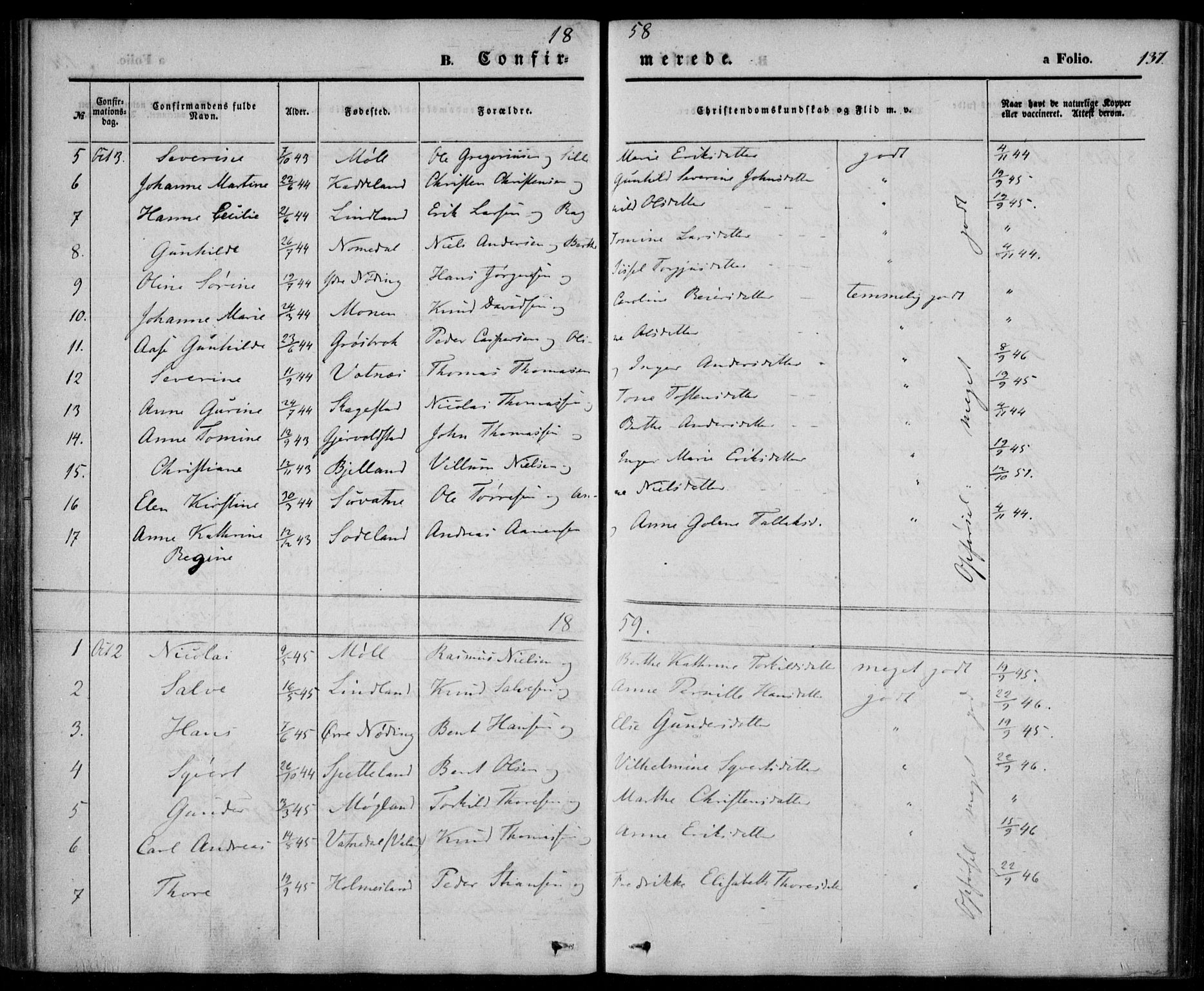 Holum sokneprestkontor, AV/SAK-1111-0022/F/Fa/Faa/L0005: Parish register (official) no. A 5, 1850-1864, p. 137