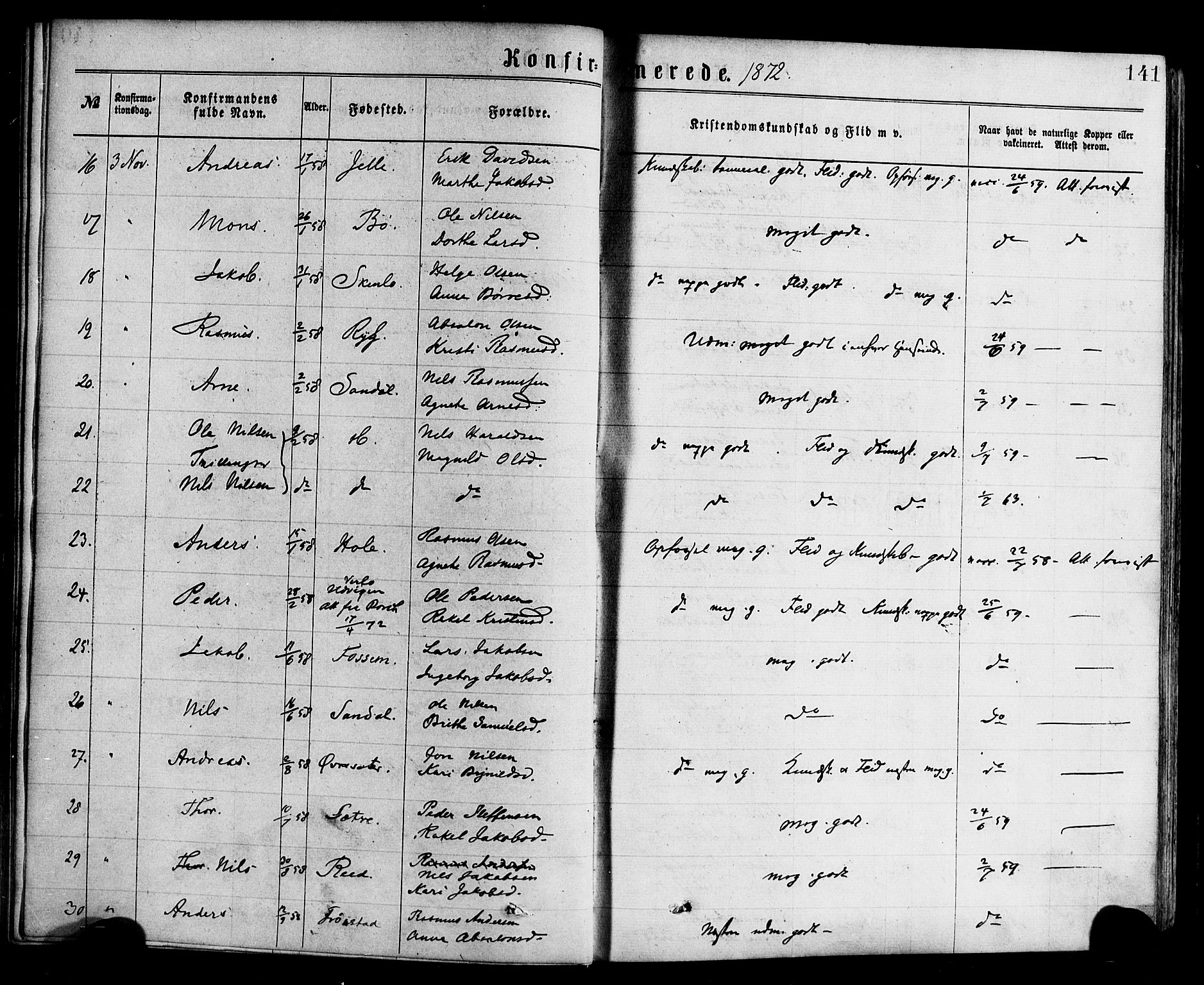 Gloppen sokneprestembete, AV/SAB-A-80101/H/Haa/Haac/L0001: Parish register (official) no. C 1, 1871-1886, p. 141