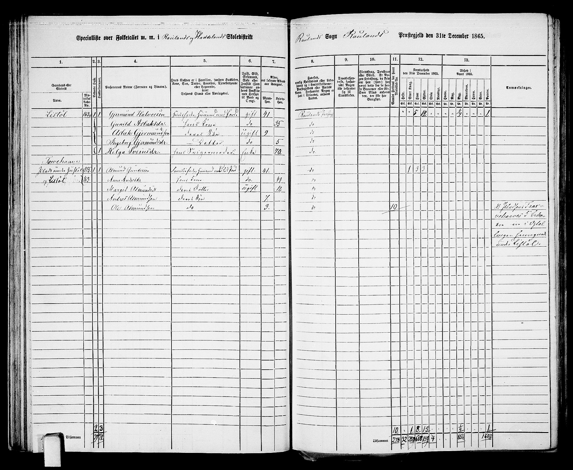 RA, 1865 census for Rauland, 1865, p. 40