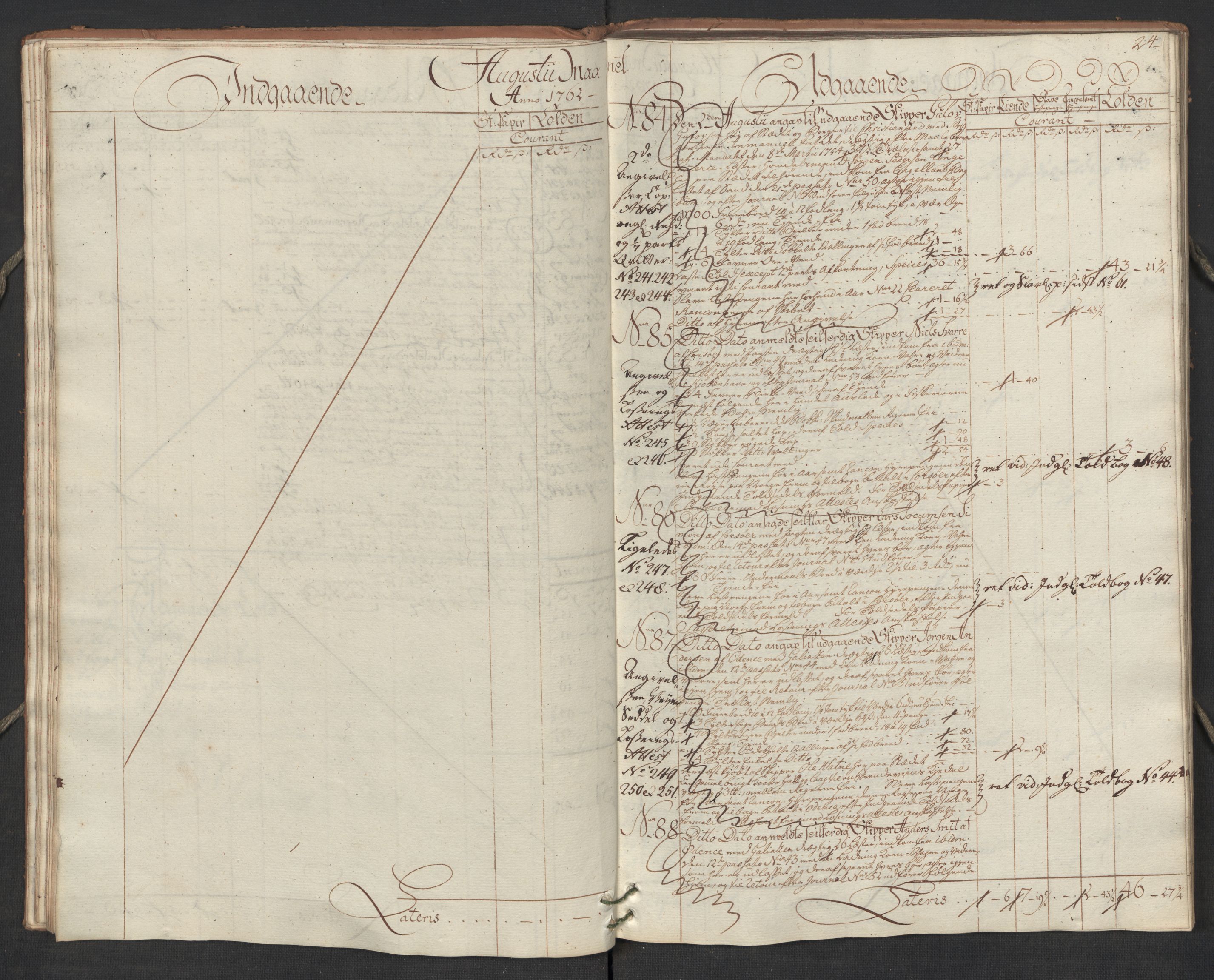 Generaltollkammeret, tollregnskaper, AV/RA-EA-5490/R17/L0023/0005: Tollregnskaper Mandal / Utgående hovedtollbok, 1762, p. 23b-24a