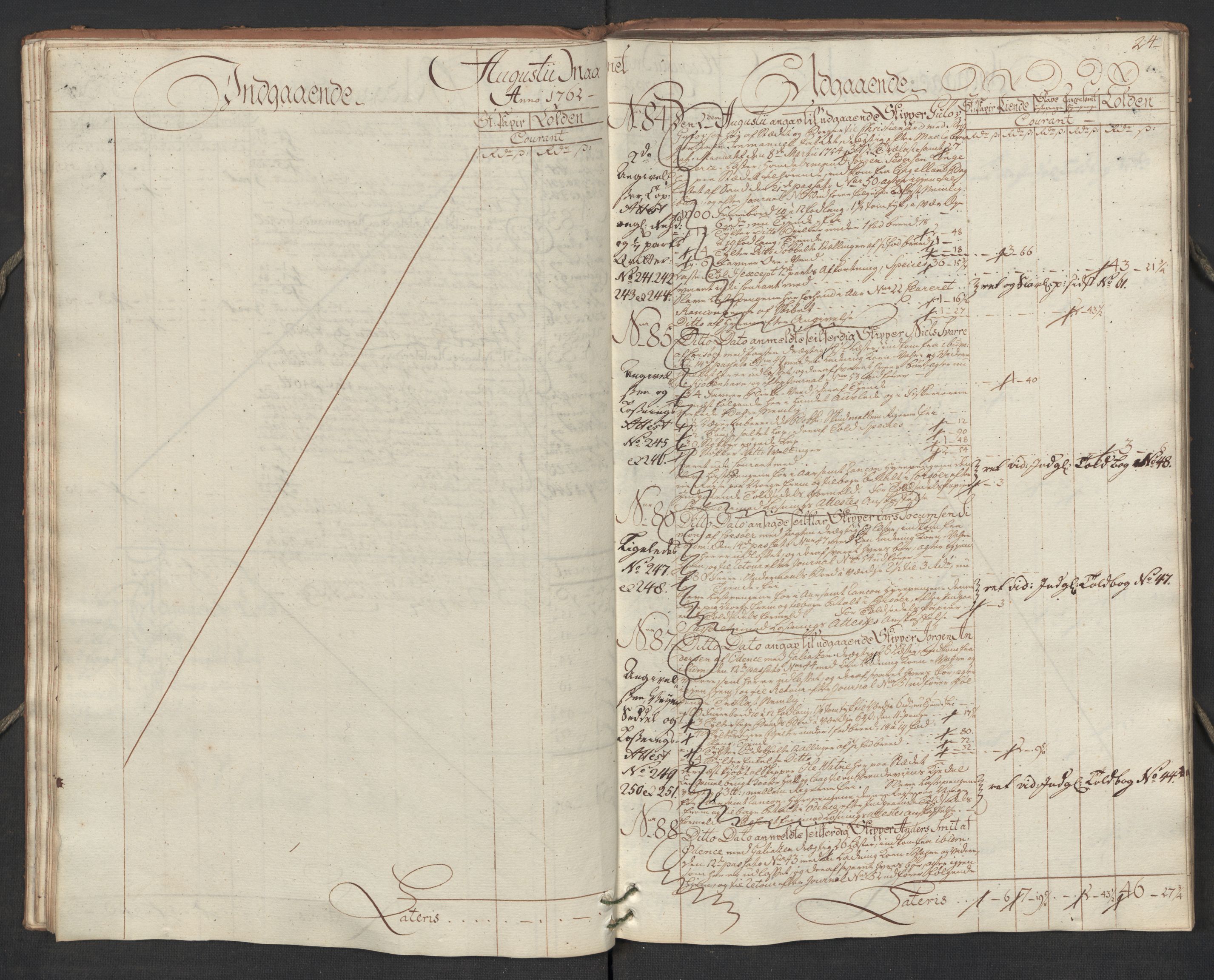 Generaltollkammeret, tollregnskaper, RA/EA-5490/R17/L0023/0005: Tollregnskaper Mandal / Utgående hovedtollbok, 1762, p. 23b-24a