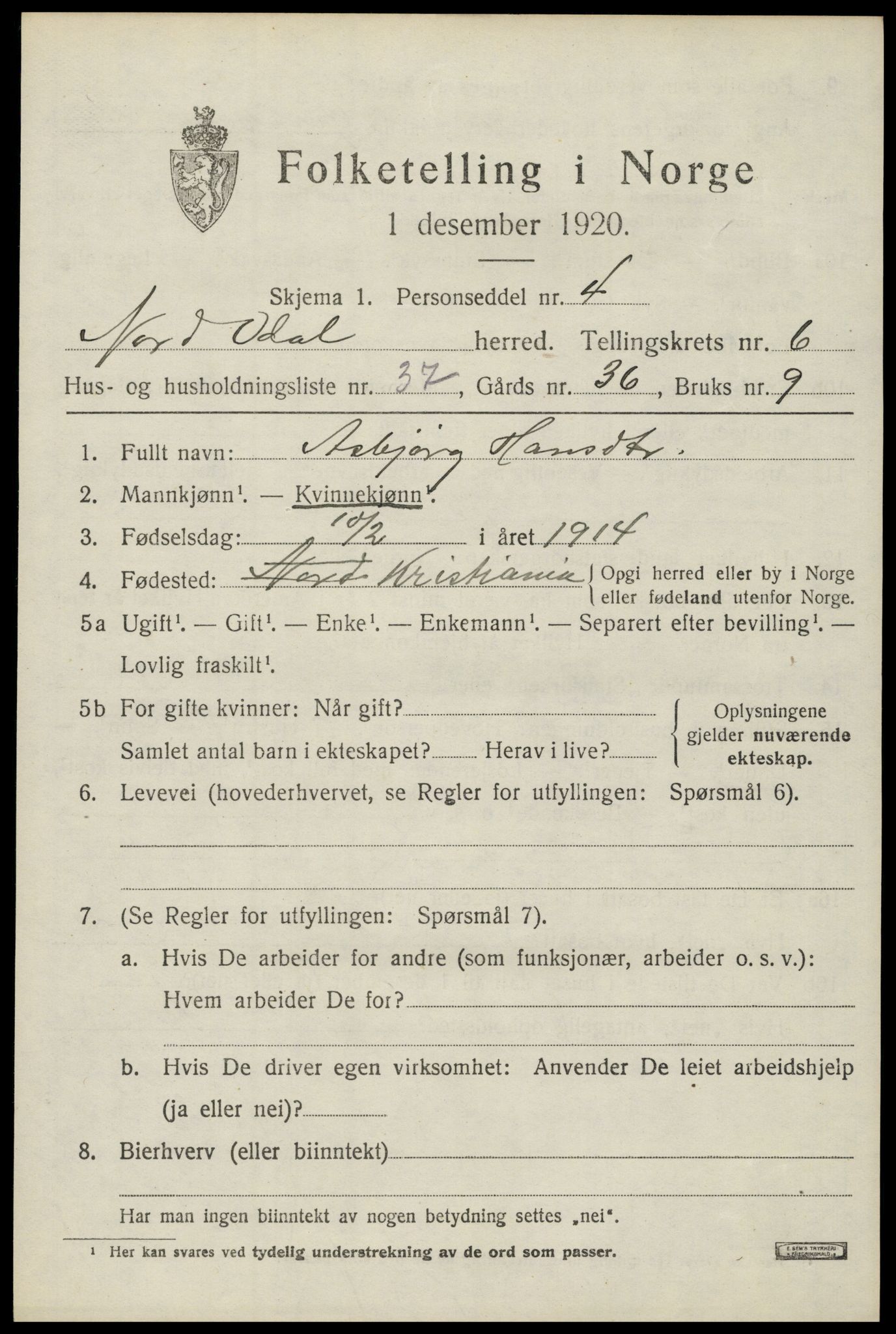 SAH, 1920 census for Nord-Odal, 1920, p. 7017