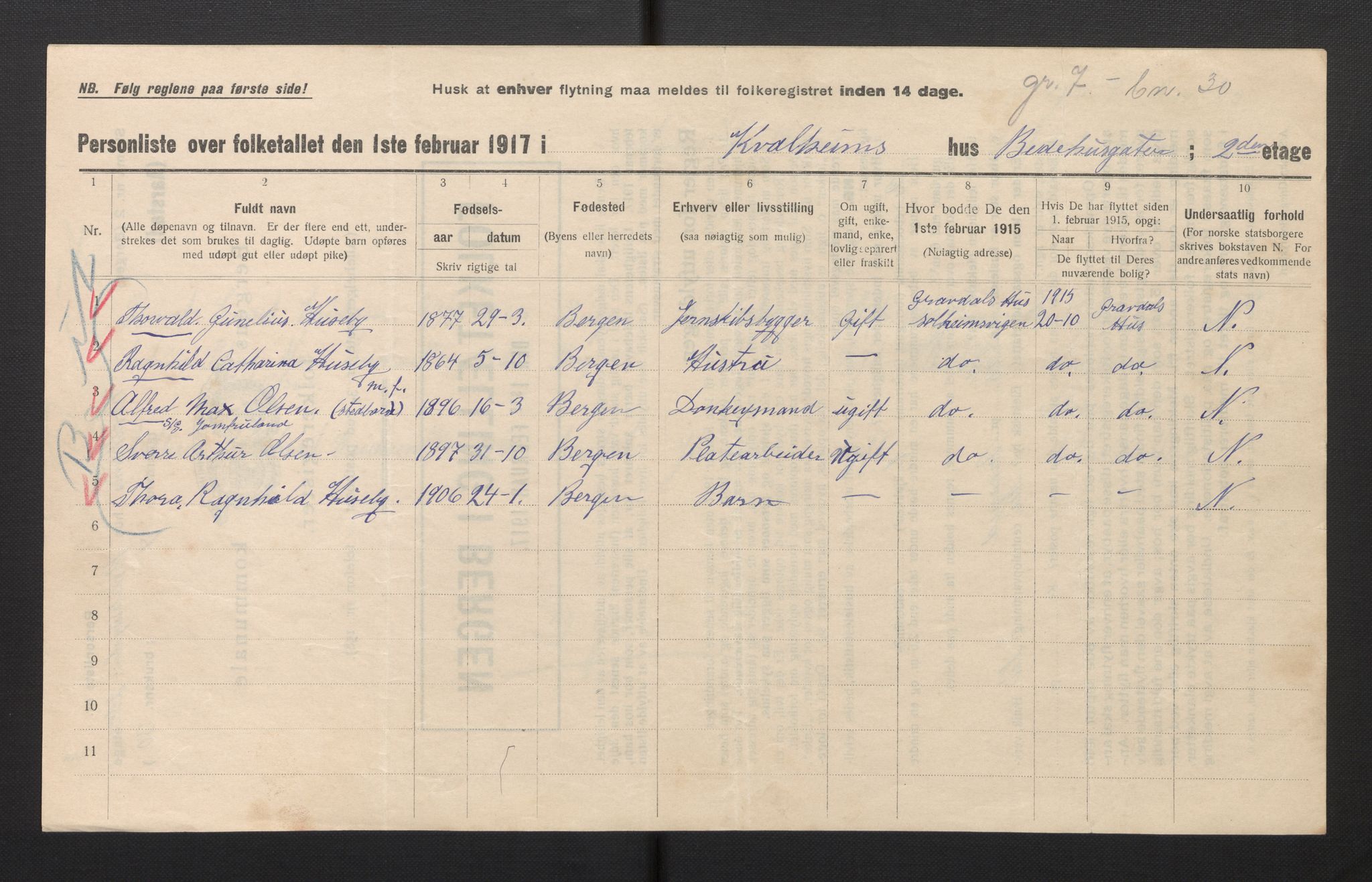 SAB, Municipal Census 1917 for Bergen, 1917, p. 48296