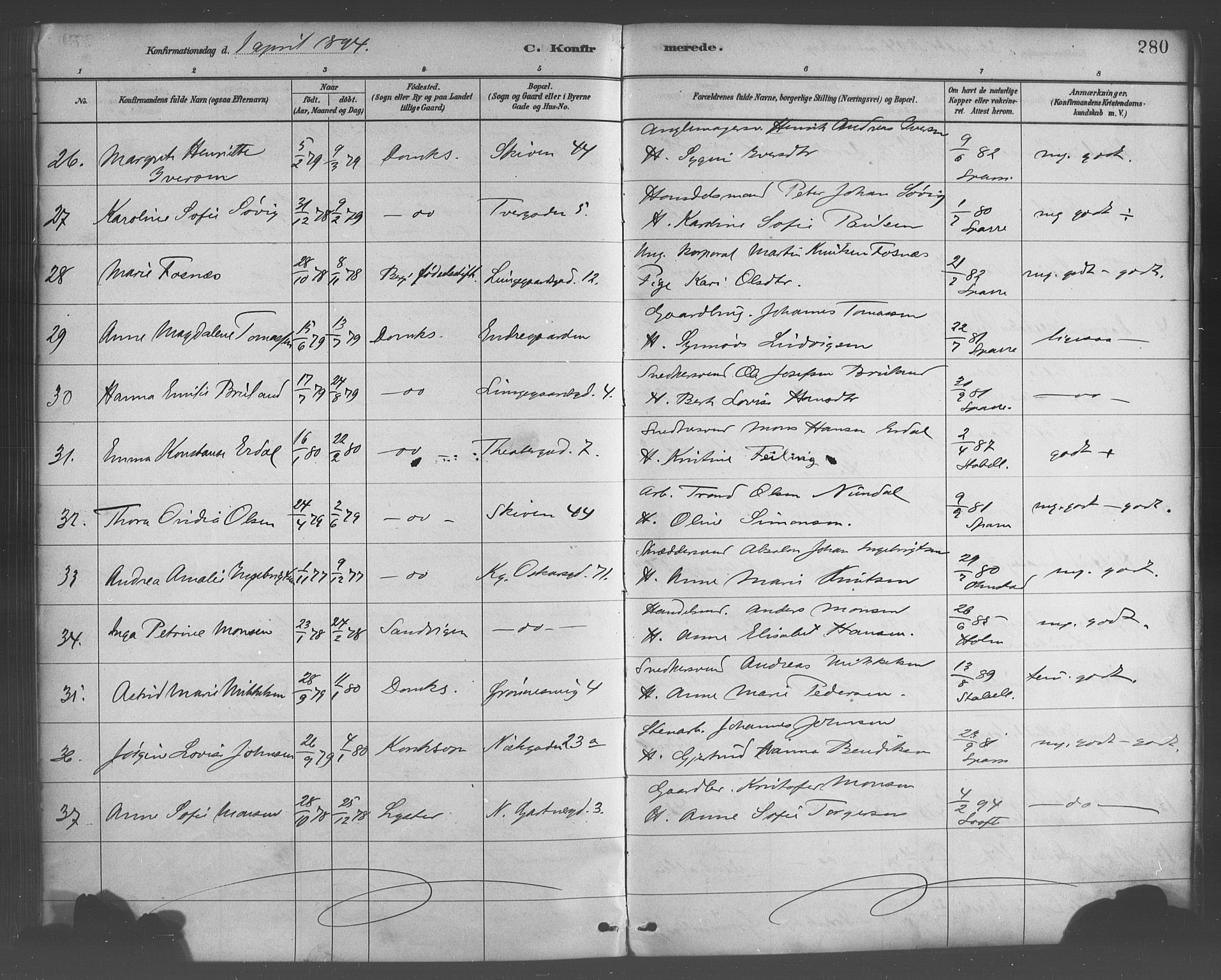 Domkirken sokneprestembete, AV/SAB-A-74801/H/Haa/L0030: Parish register (official) no. C 5, 1880-1898, p. 280