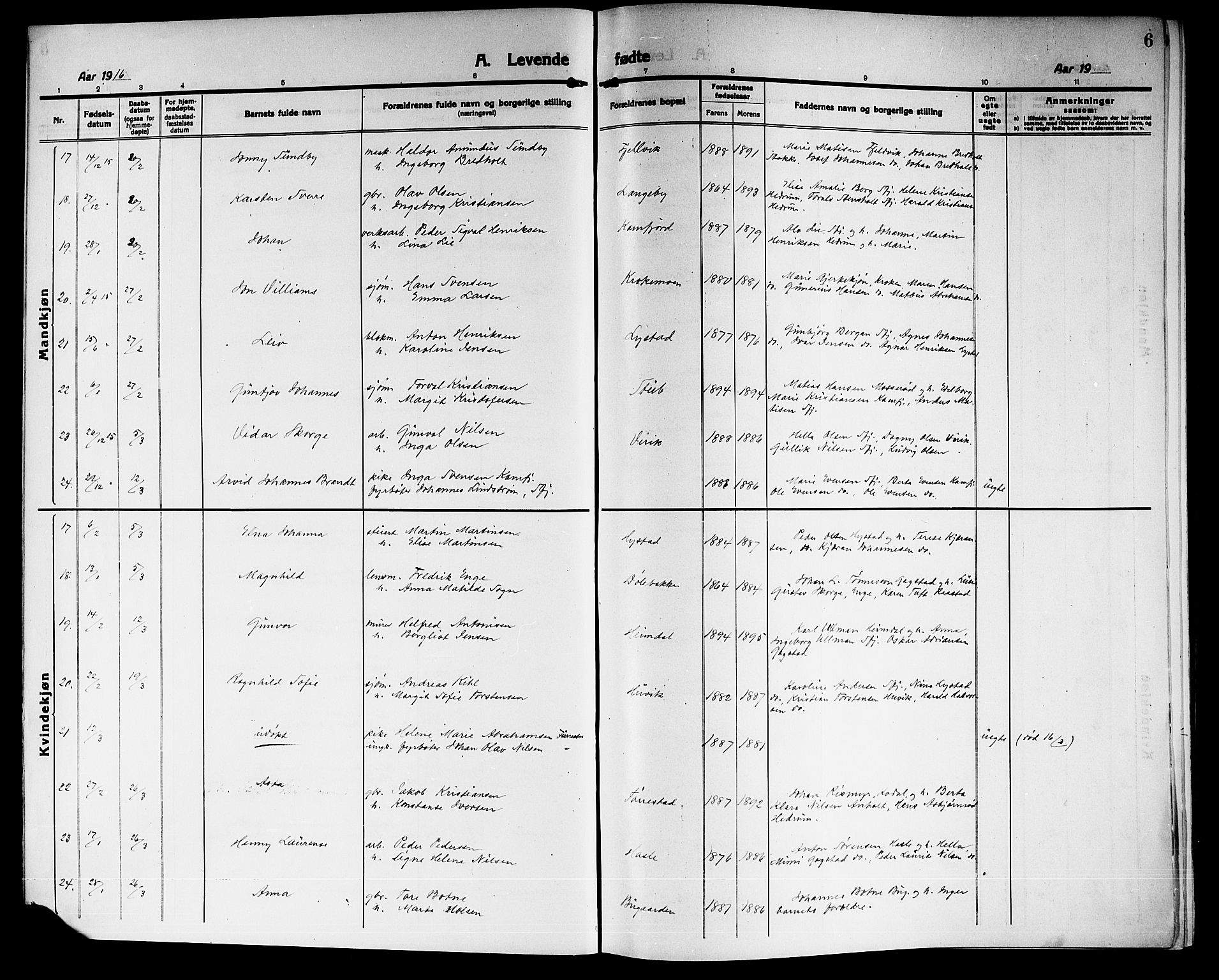 Sandar kirkebøker, SAKO/A-243/G/Ga/L0003: Parish register (copy) no. 3, 1916-1922, p. 6